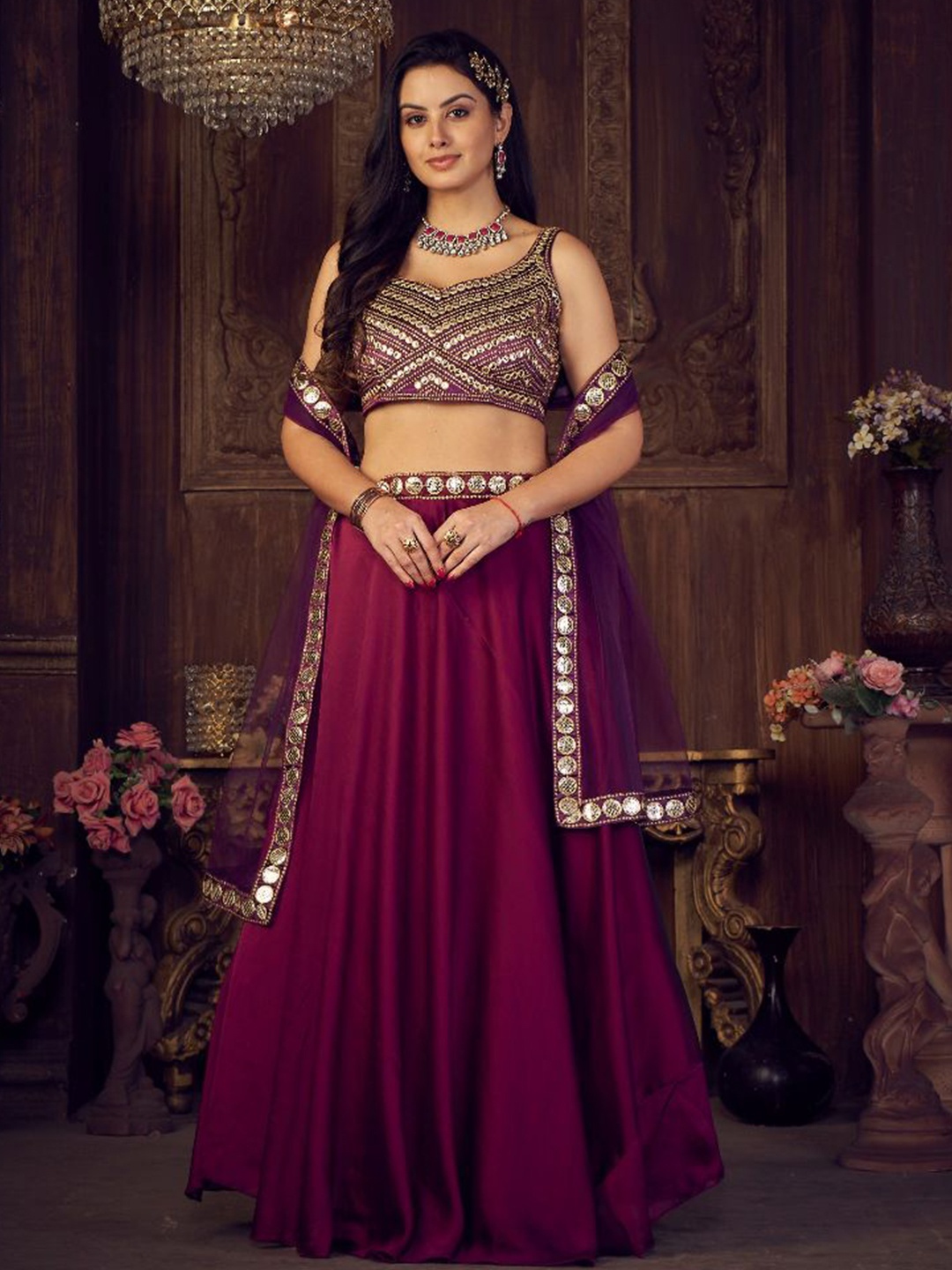 

KALINI Embellished Thread Work Semi-Stitched Lehenga & Unstitched Blouse With Dupatta, Purple