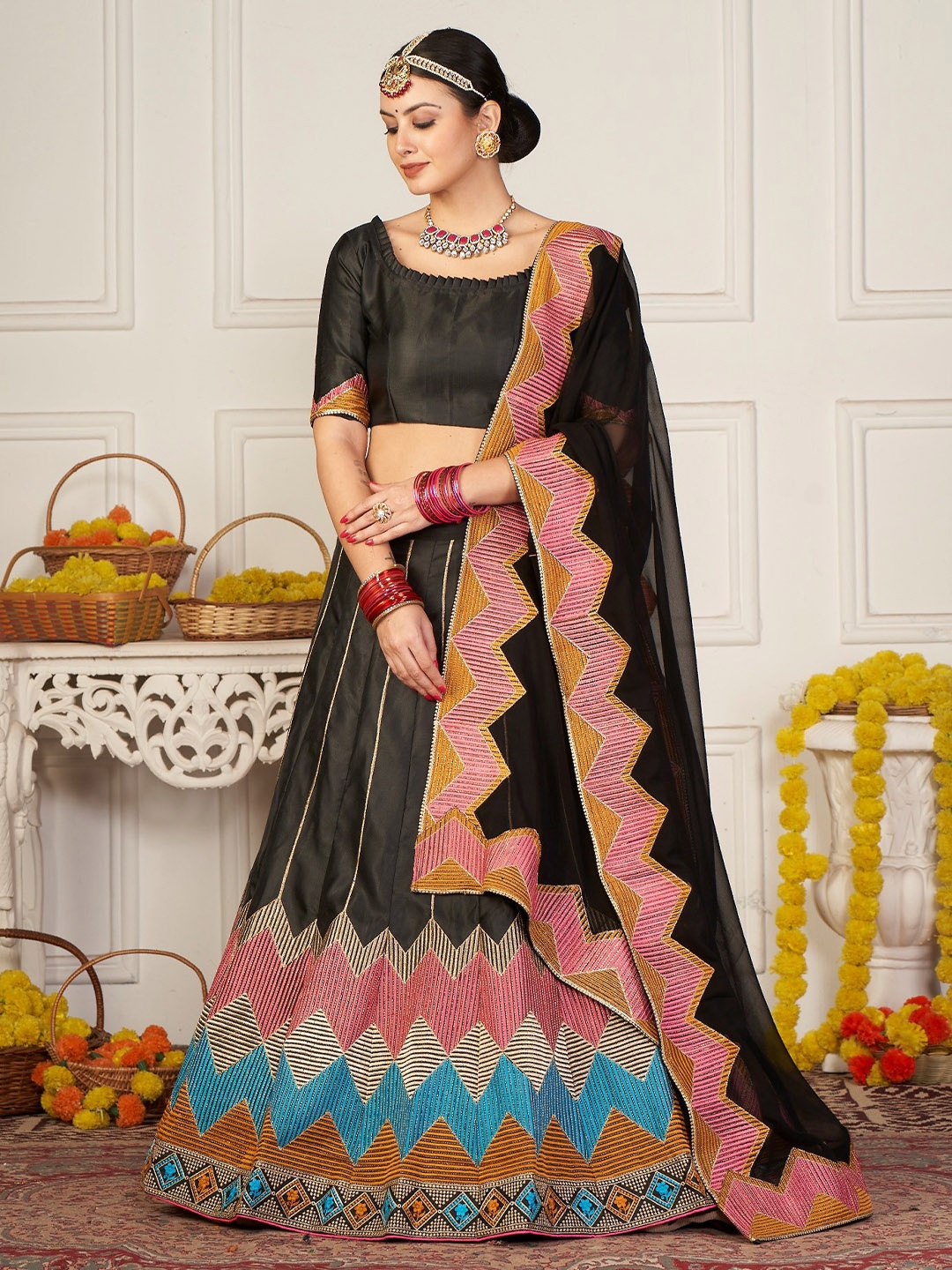 

KALINI Thread Work Semi-Stitched Lehenga & Unstitched Blouse With Dupatta, Black