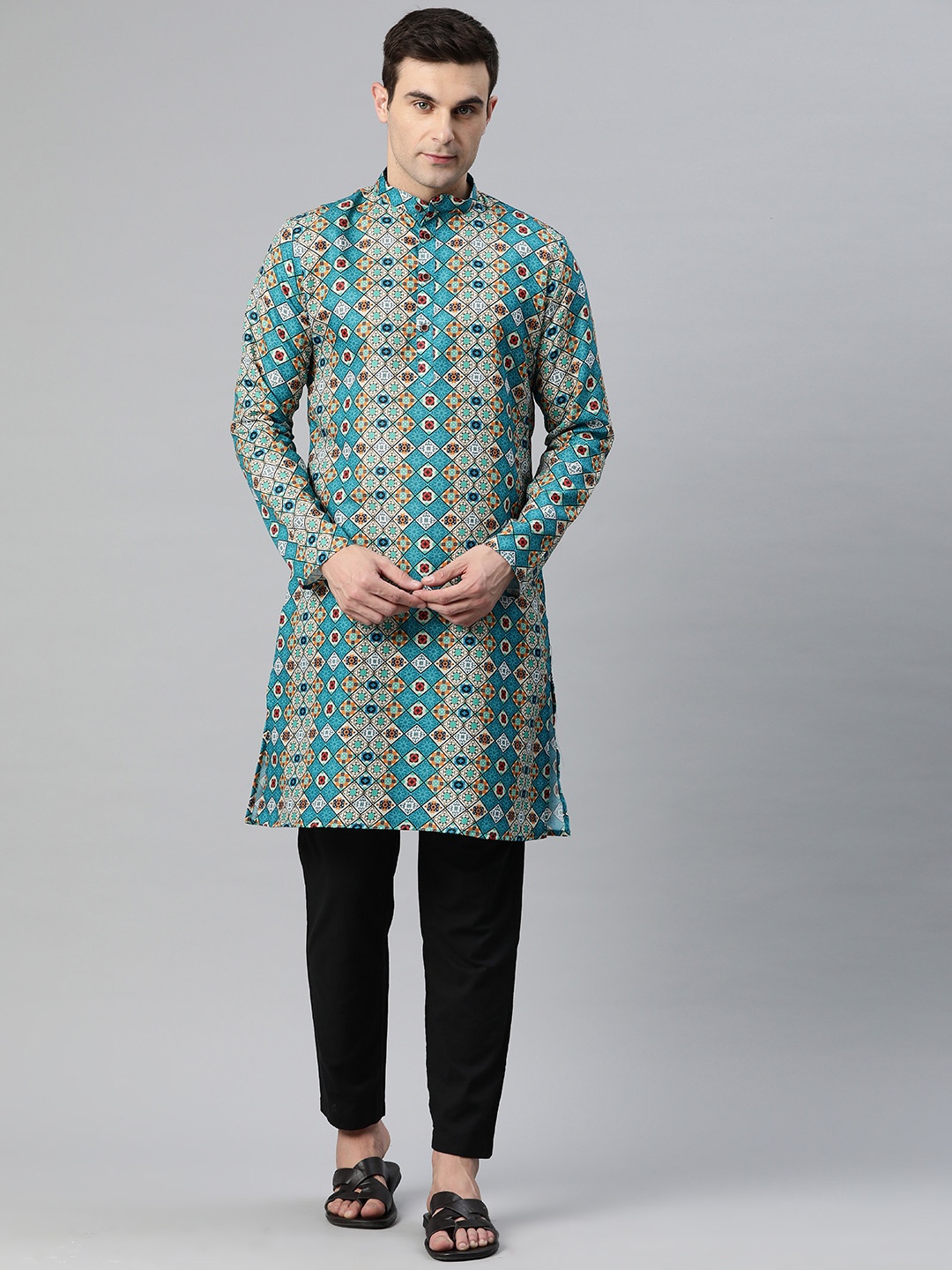 Luxrio Men Ethnic Motifs Printed Mandarin Collar Kurta, Green