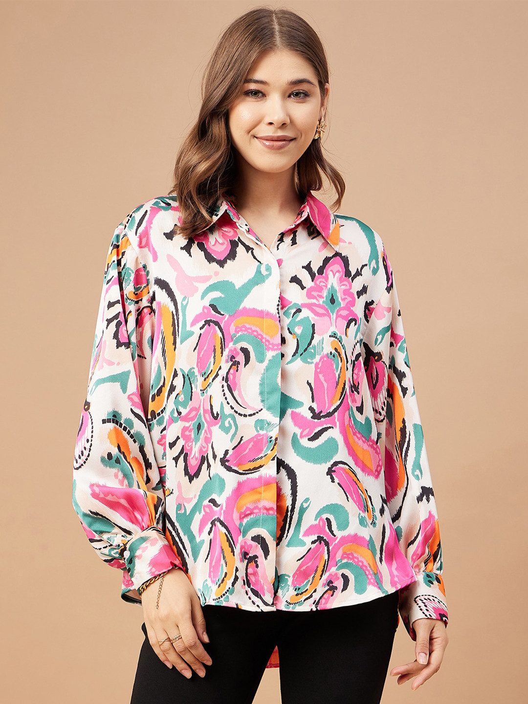 

Gipsy Contemporary Abstract Printed Satin Casual Shirt, Pink