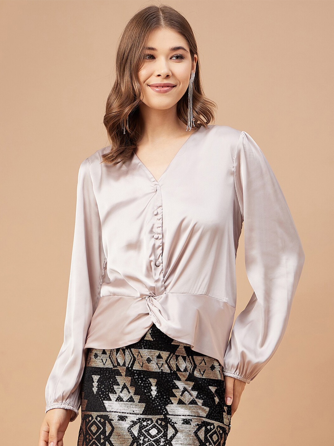 

Gipsy V-Neck Satin Shirt Style Top, Beige