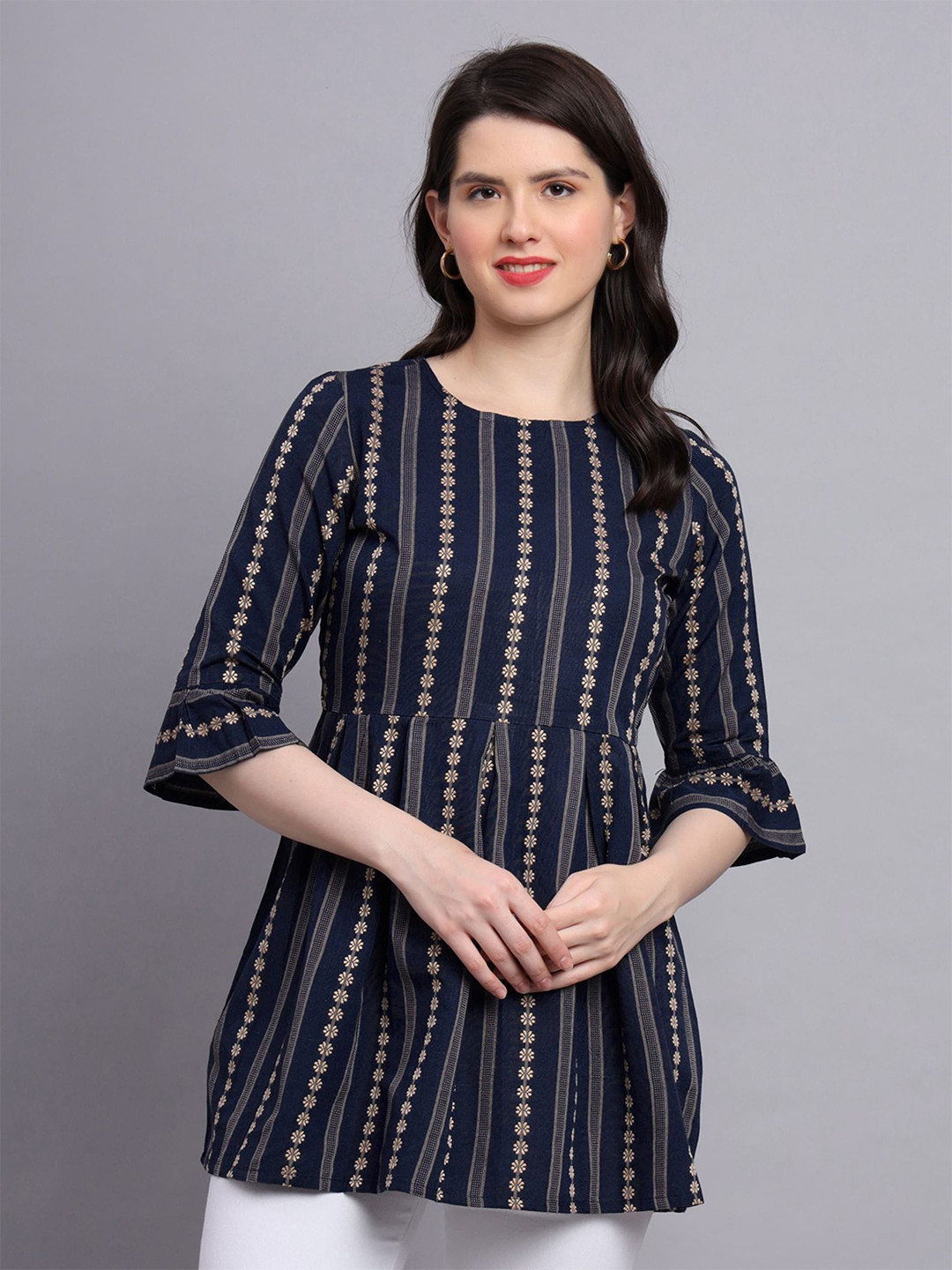

AARYAHI Floral Printed Bell Sleeve Cotton A-Line Top, Navy blue