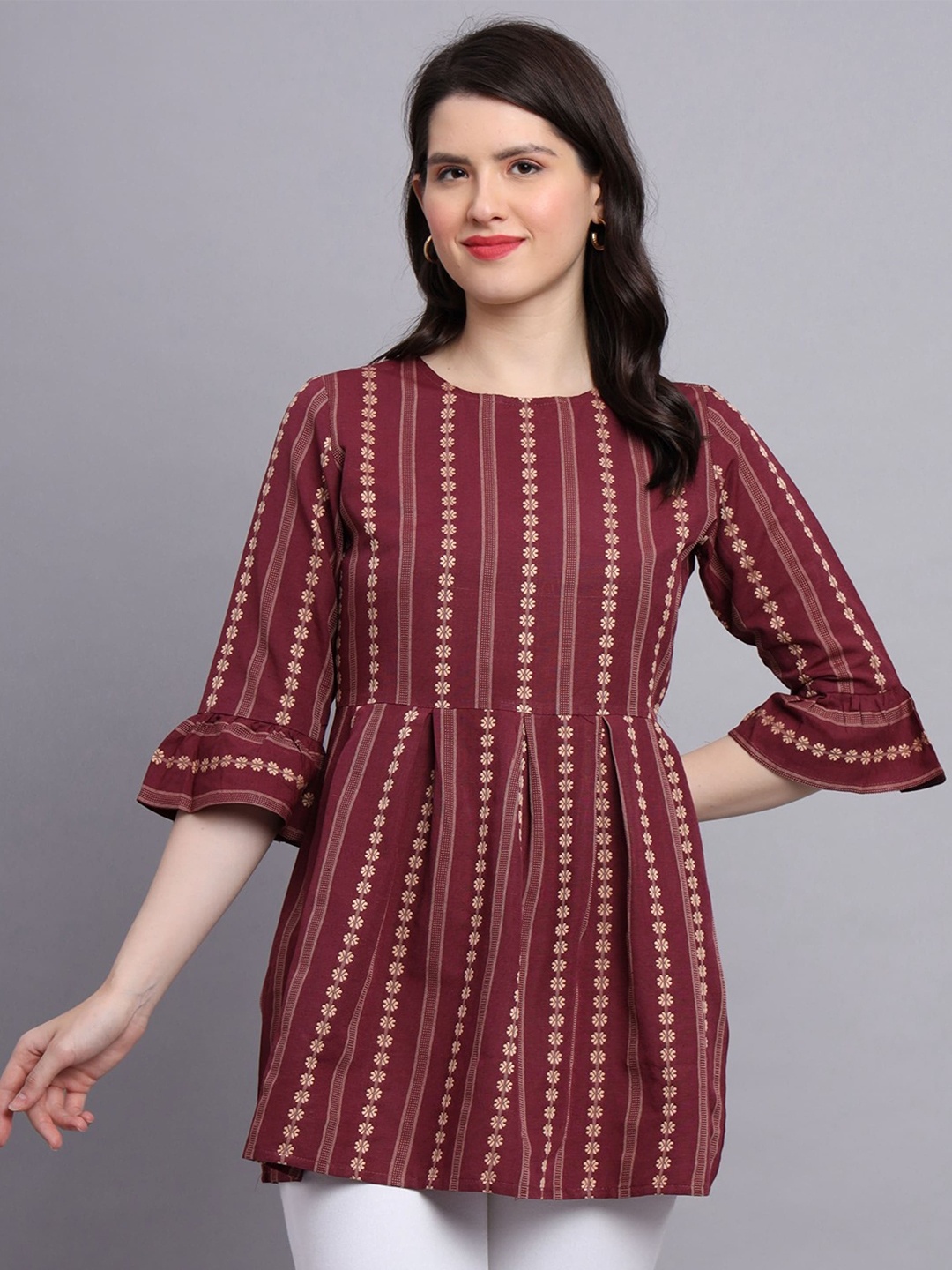

AARYAHI Floral Printed Bell Sleeve Cotton A-Line Top, Red