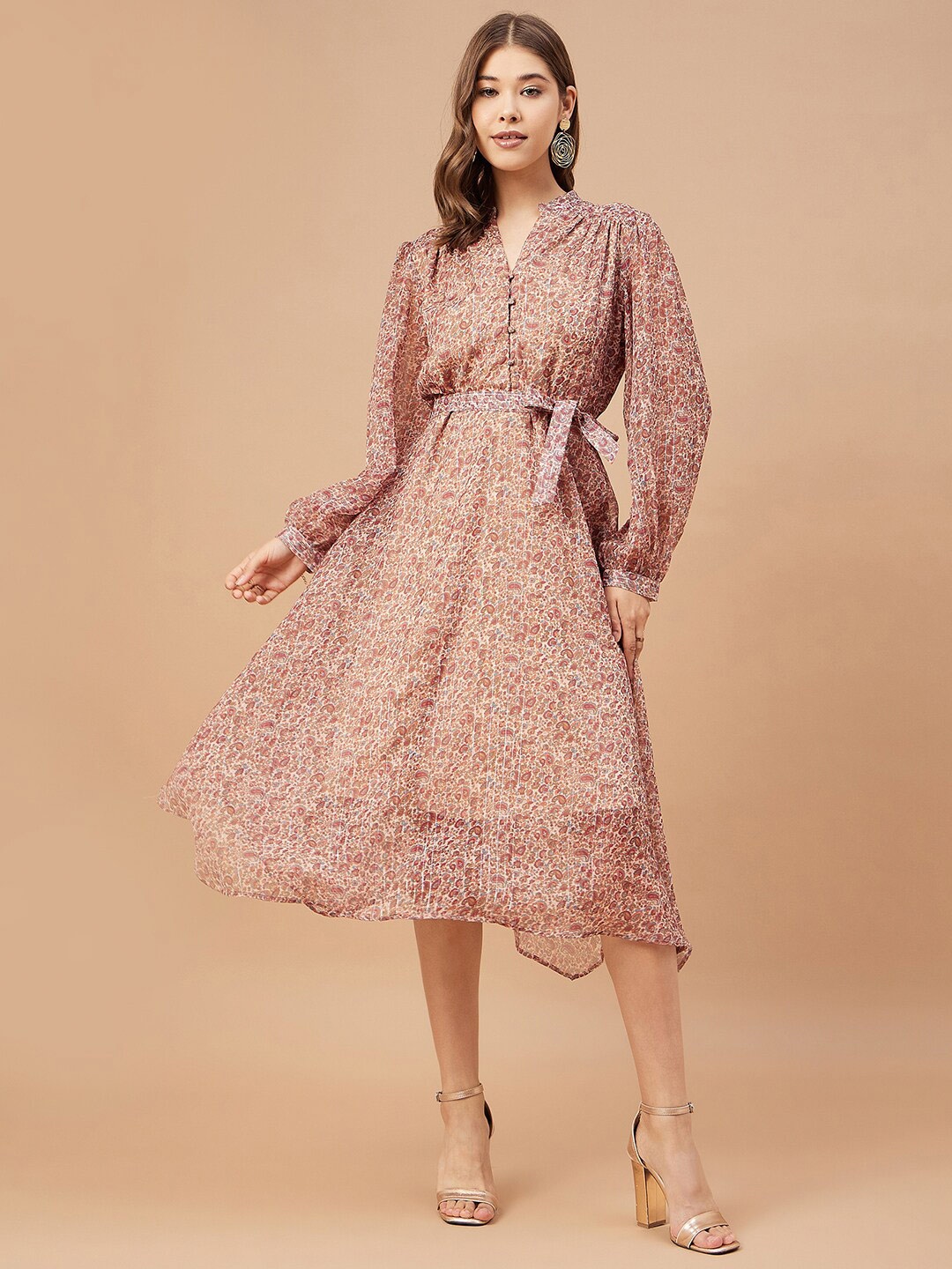 

Gipsy Ethnic Motifs Printed Mandarin Collar Puff Sleeves Belted Midi Fit and Flare Dress, Beige