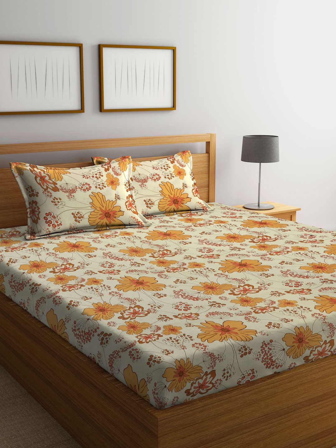 

BOMBAY DYEING Yellow Floral Cotton 104 TC Queen Bedsheet With 2 Pillow Covers