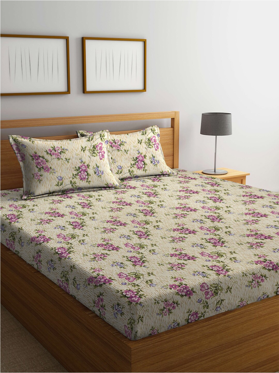 

BOMBAY DYEING Yellow & Purple Floral Cotton 104 TC Queen Bedsheet with 2 Pillow Covers