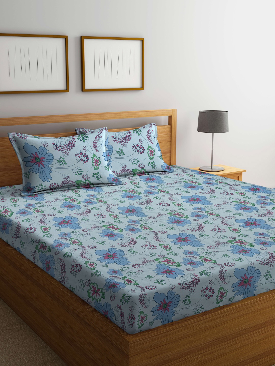 

BOMBAY DYEING Blue & Pink Floral Cotton 104 TC Queen Bedsheet with 2 Pillow Covers