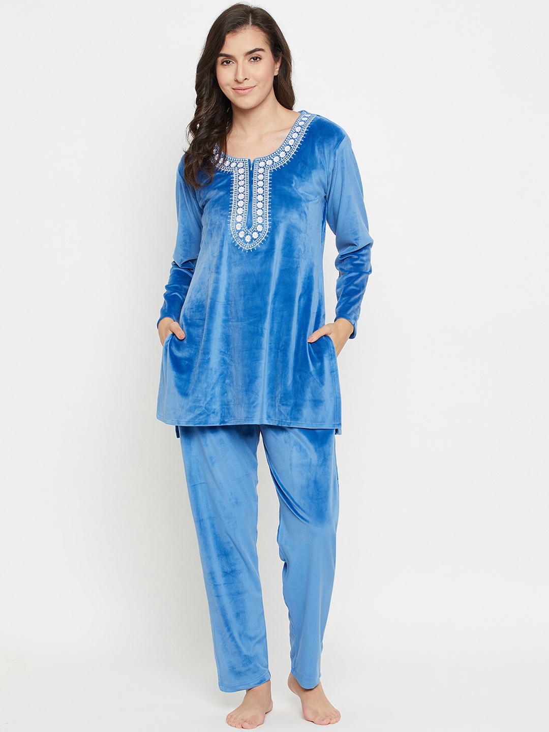 

Camey Floral Embroidered Round Neck Long Sleeves Velvet Kurti & Pyjamas, Blue