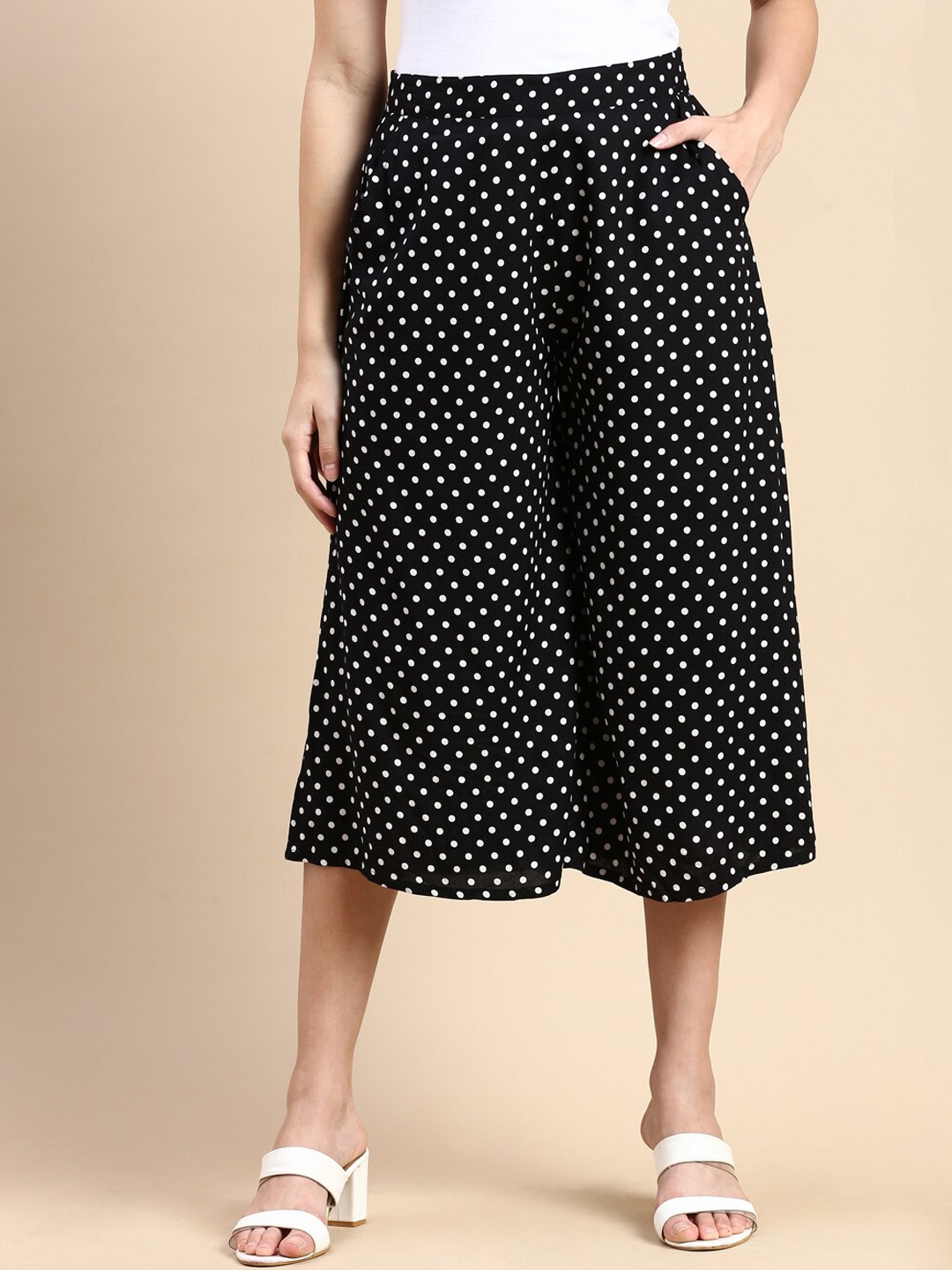 

De Moza Women Relaxed Polka Dots Printed High-Rise Culottes Trousers, Black