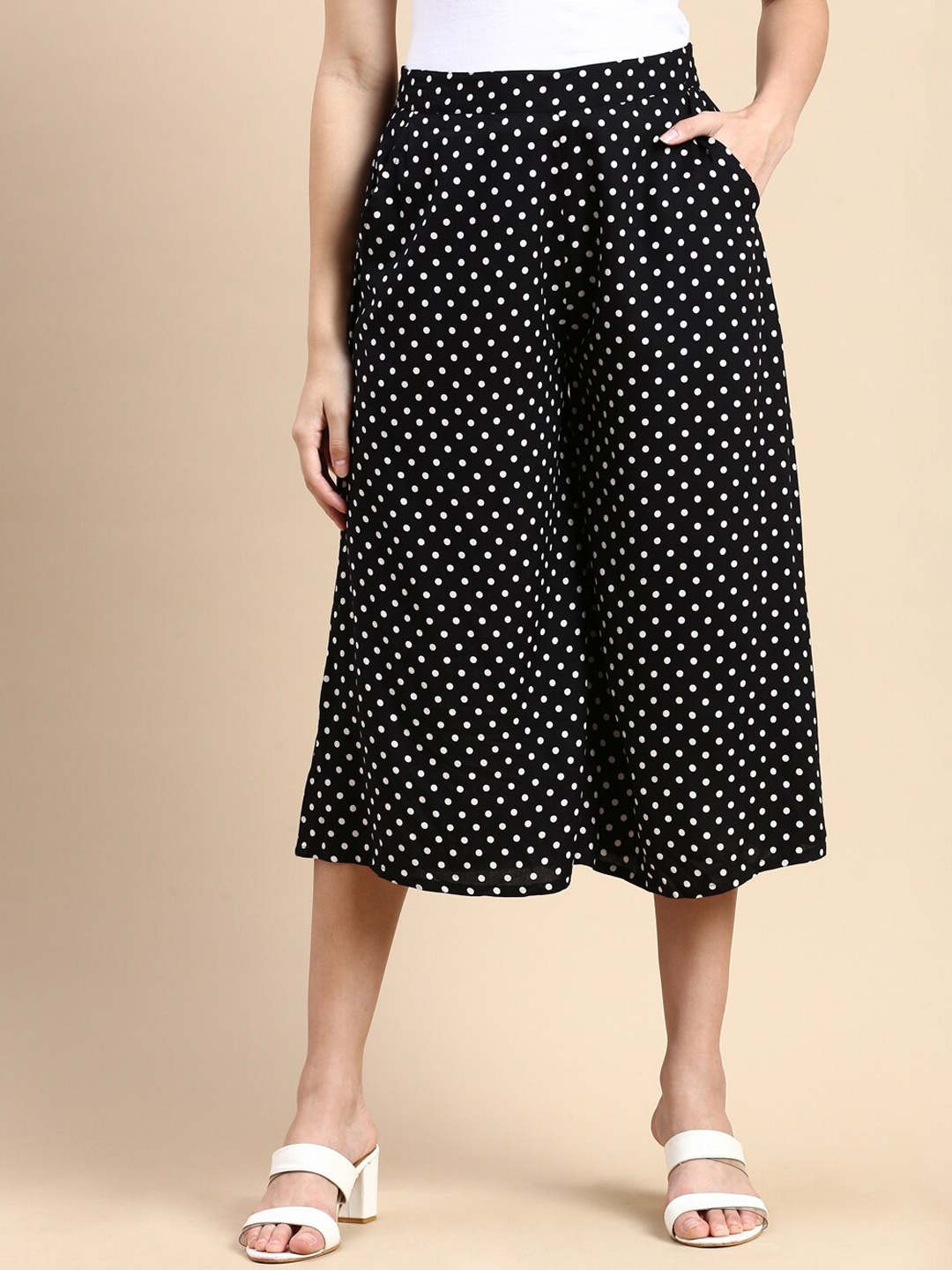 

De Moza Women Polka Printed Relaxed High-Rise Culottes Trousers, Black