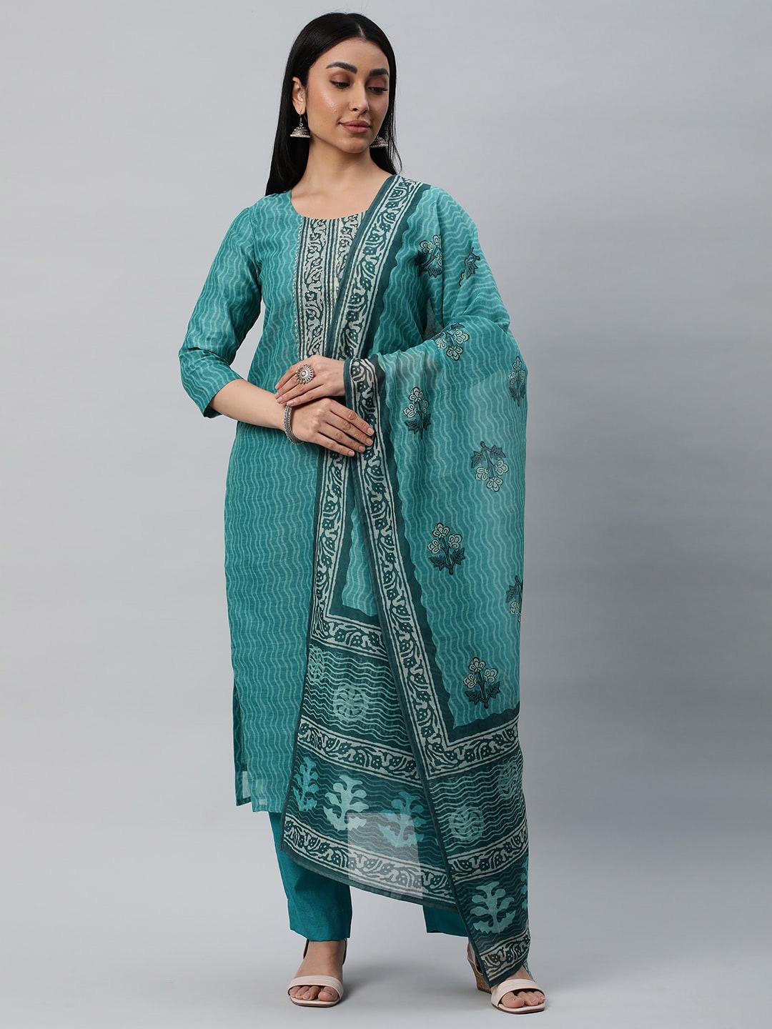 

KAMI KUBI Ethnic Motifs Printed Unstitched Dress Material, Blue
