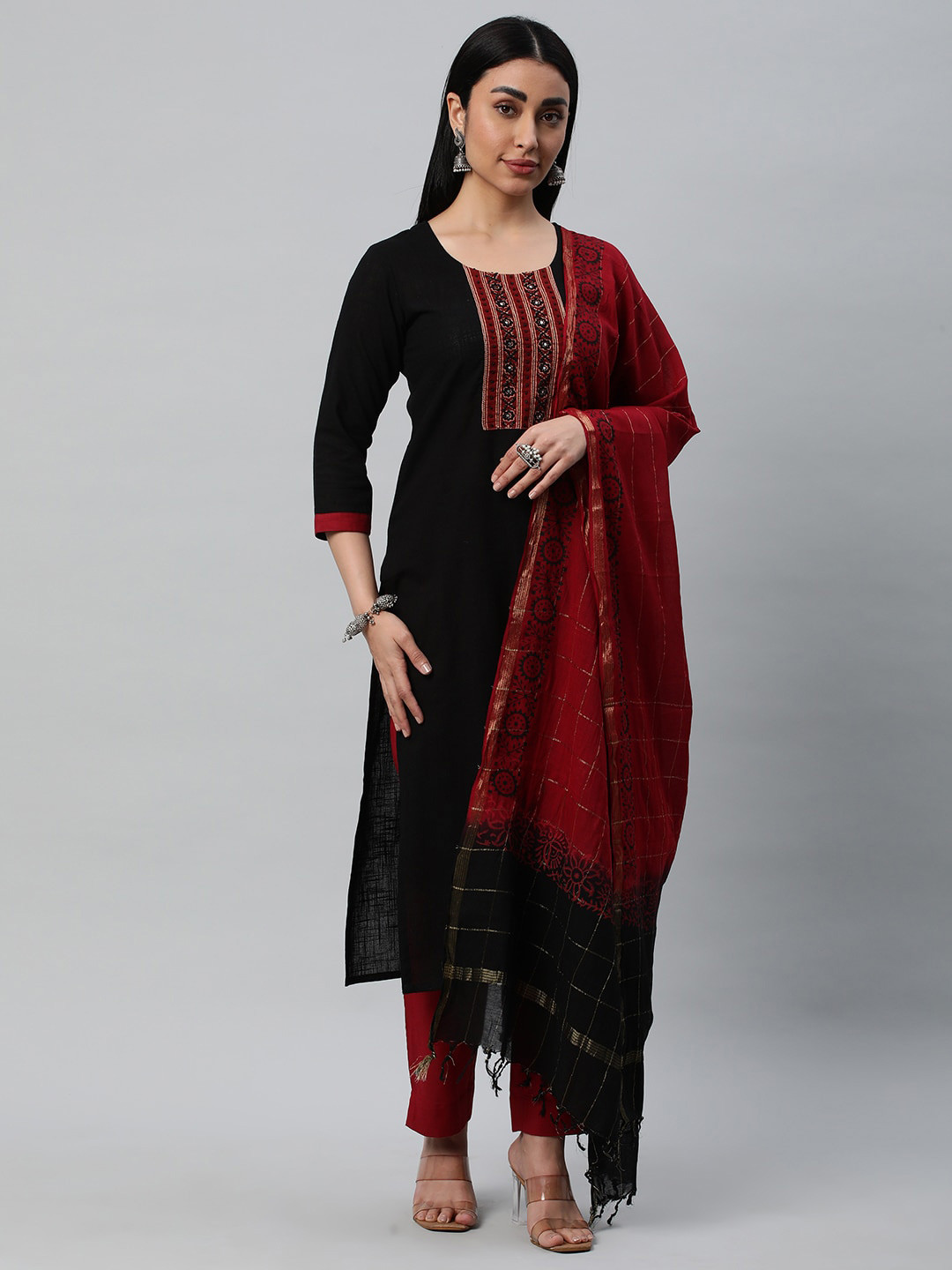 

KAMI KUBI Mirror Work Pure Cotton Unstitched Dress Material, Black