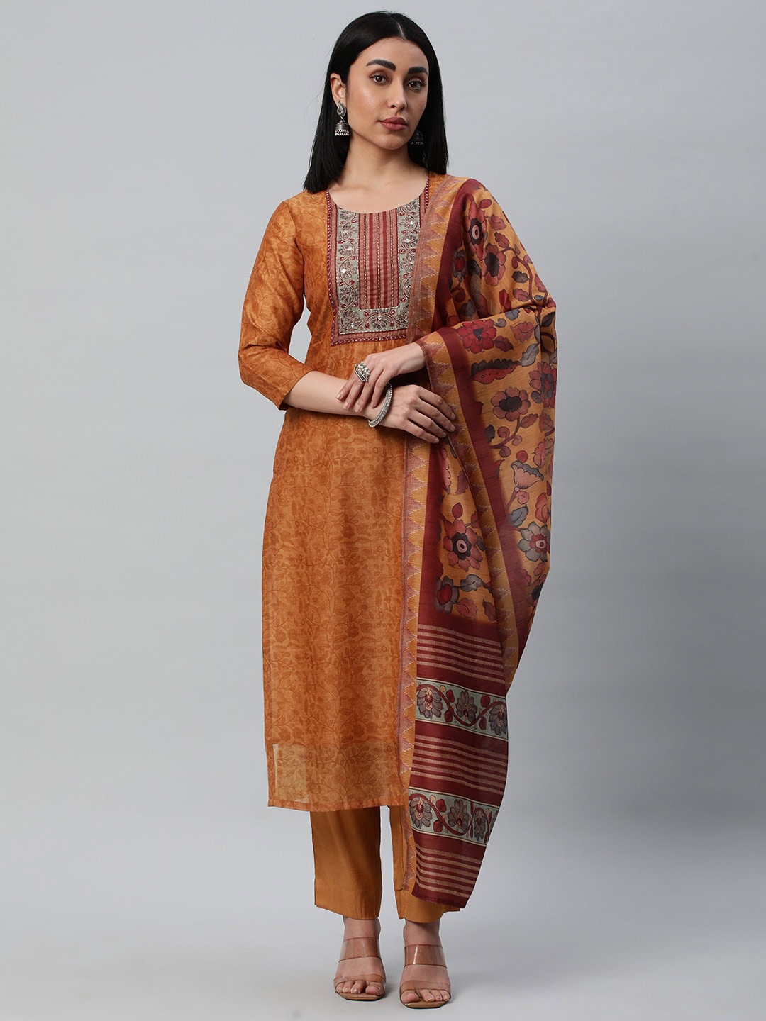 

KAMI KUBI Floral Printed Mirror Work Unstitched Dress Material, Yellow