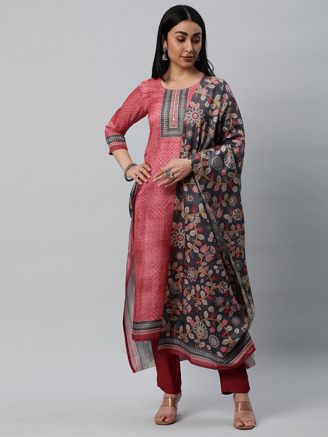 

KAMI KUBI Ethnic Printed Art Silk Unstitched Dress Material, Pink