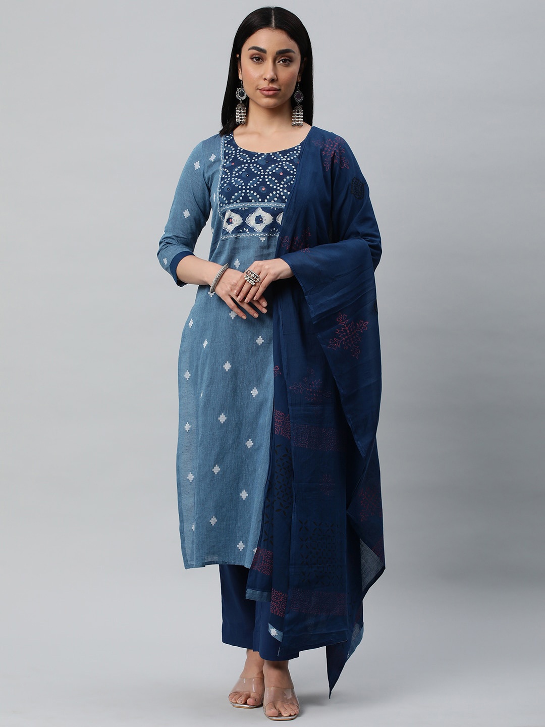 

KAMI KUBI Ethnic Motifs Printed Pure Cotton Unstitched Dress Material, Blue
