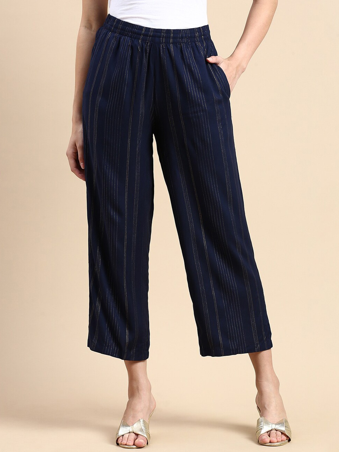 

De Moza Women Relaxed Striped Mid-Rise Loose Fit Trousers, Navy blue