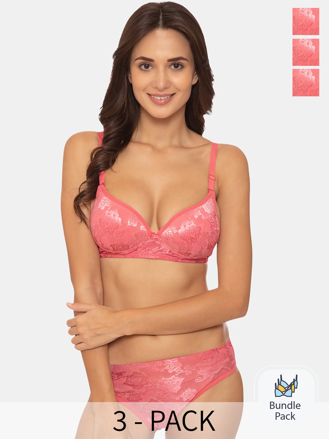 

KOMLI Pack Of 3 Self Design Lingerie Set, Coral
