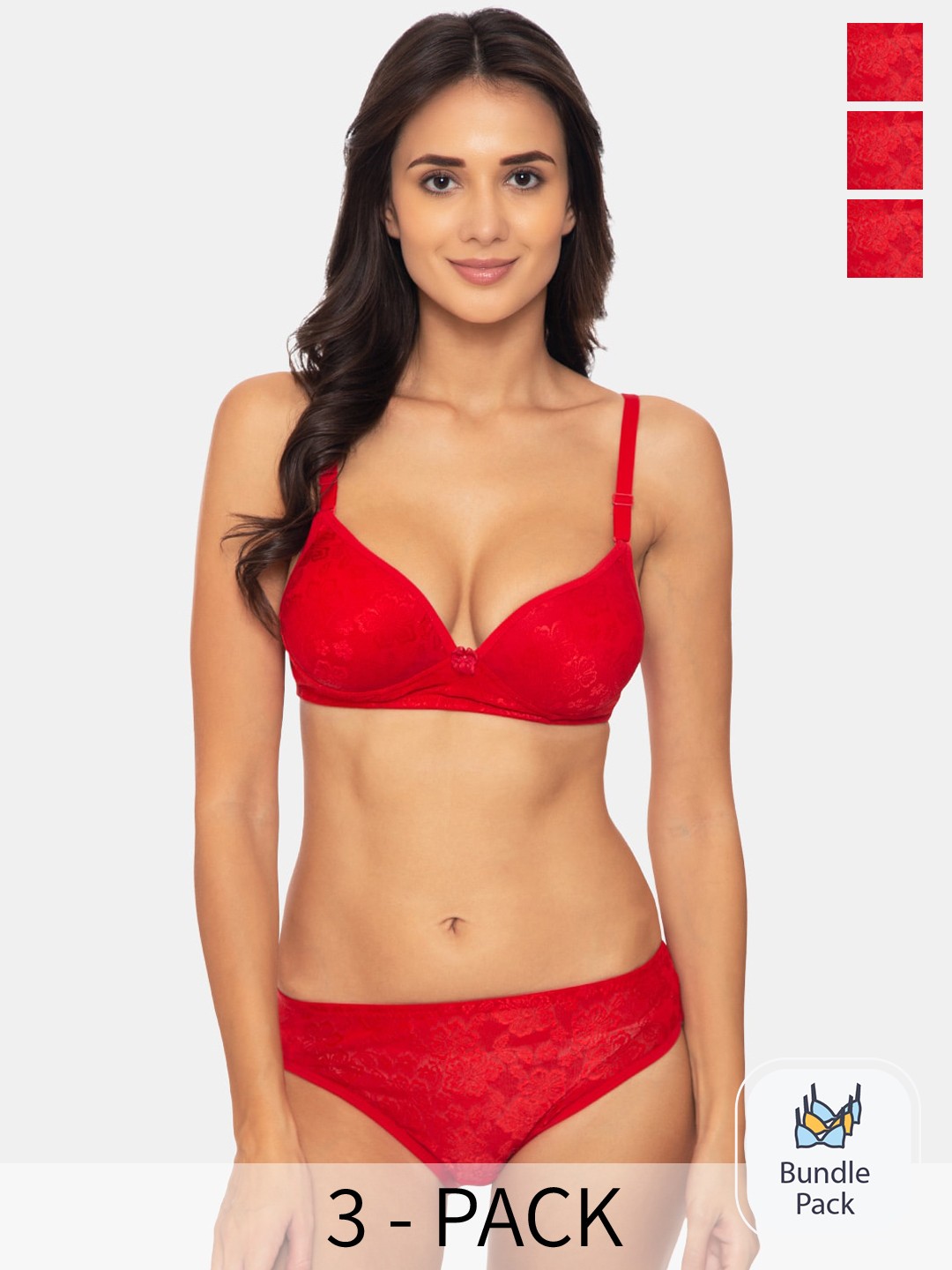 

KOMLI Pack Of 3 Self Design Lingerie Set, Red