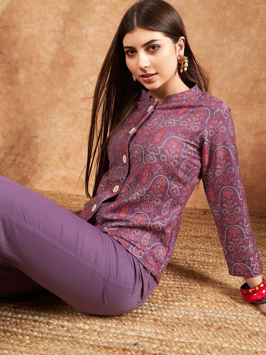 

Sangria Woven Design Winter Pashmina Tunic With Trousers, Purple
