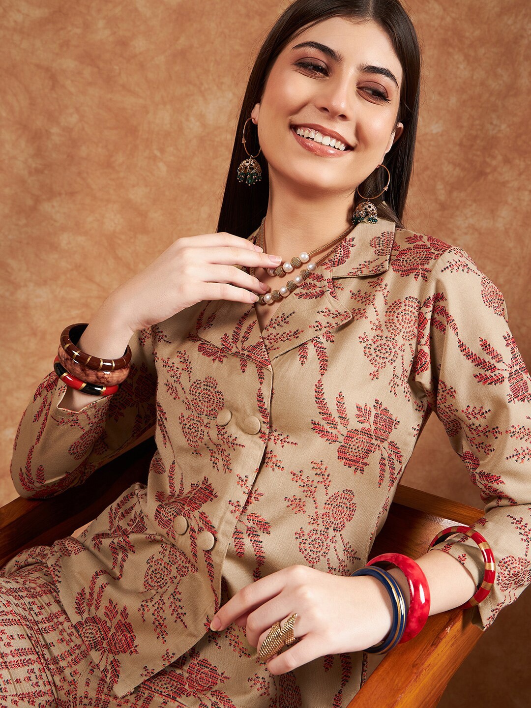 

Sangria Woven Design Winter Pashmina Coat With Trousers, Beige