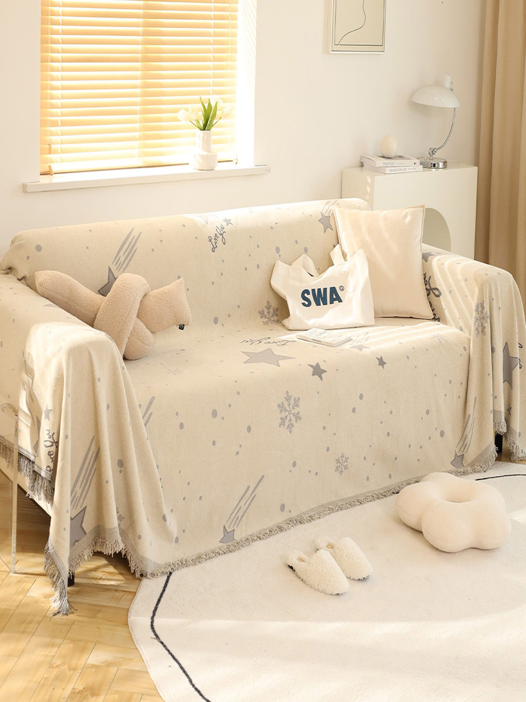 

Kuber Industries Off White Printed Sofa Throw