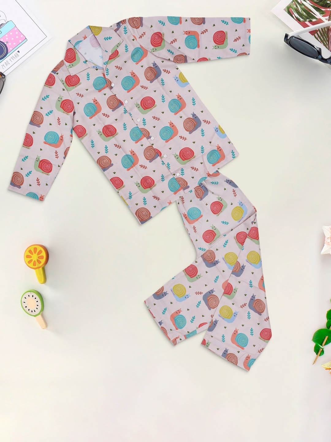 

BAESD Infants Conversational Printed Shirt Collar Pure Cotton Night Suit, Pink