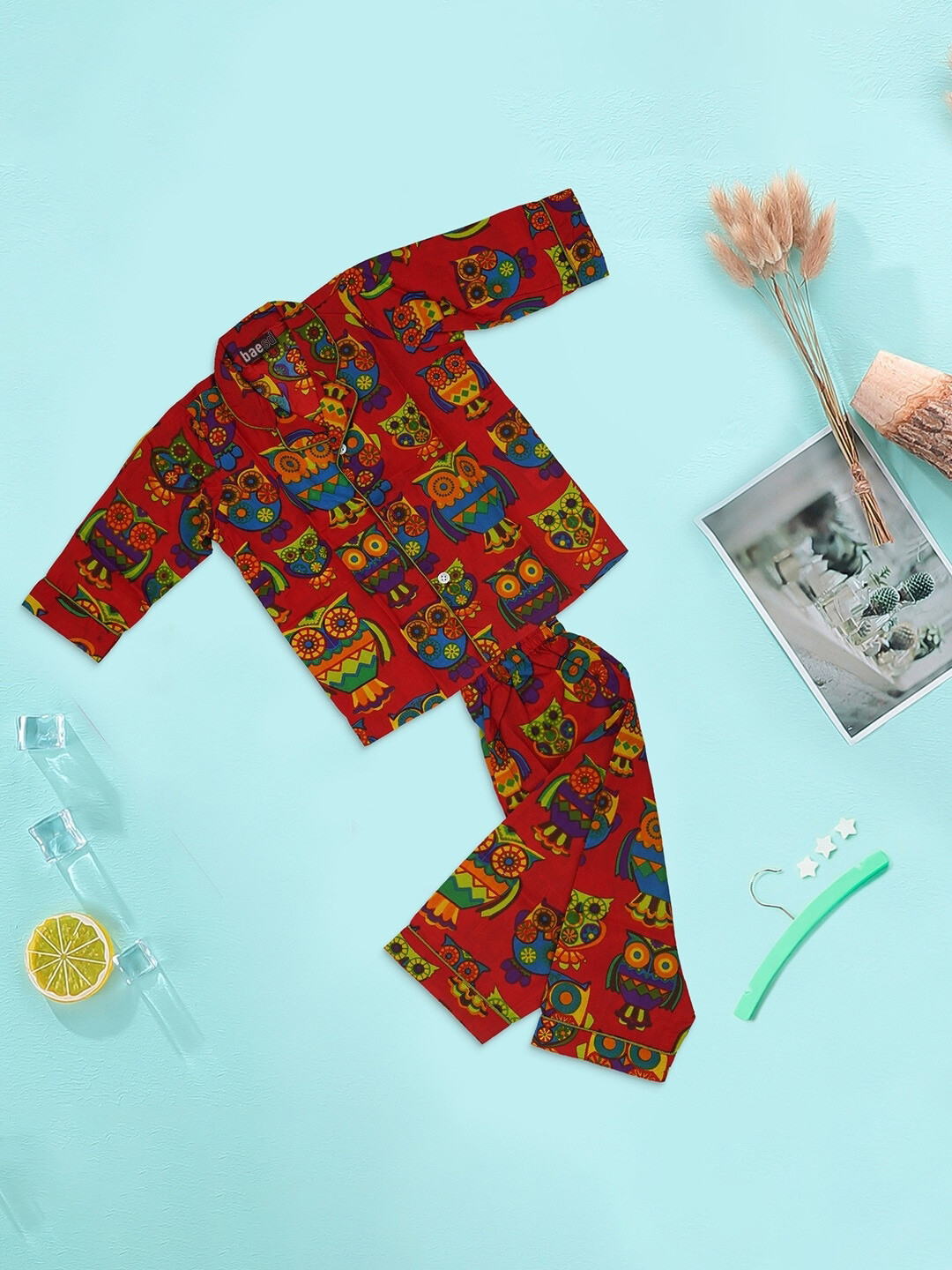 

BAESD Infants Conversational Printed Lapel Collar Pure Cotton Night Suit, Red