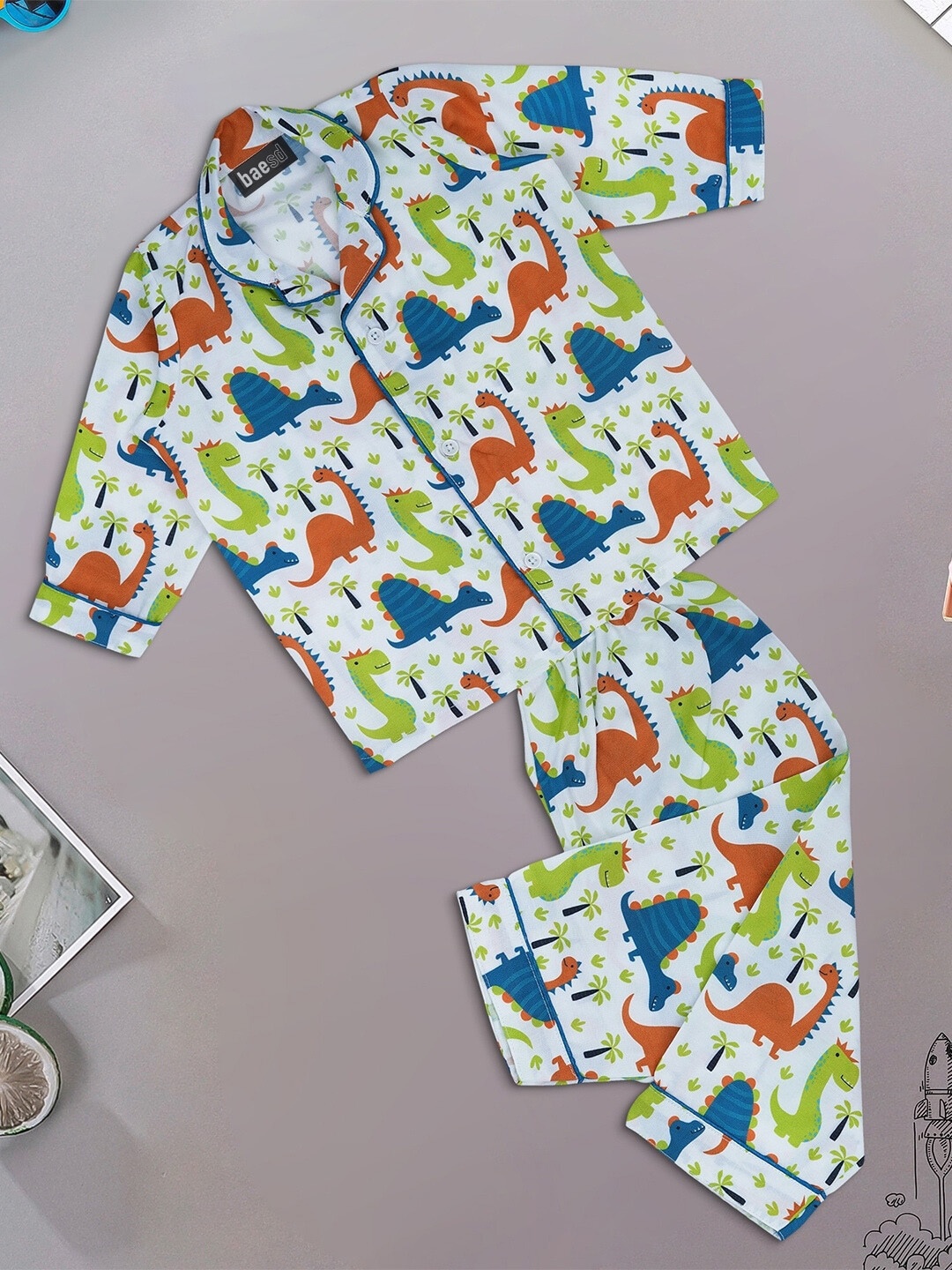 

BAESD Kids Conversational Printed Pure Cotton Night Suit, Green