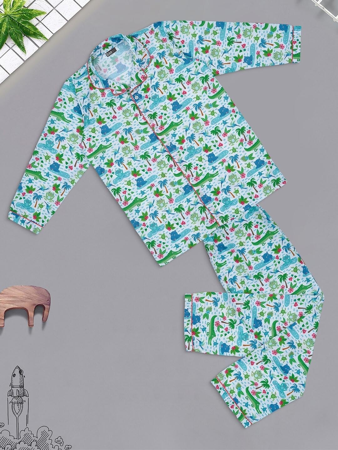 

BAESD Kids Graphic Printed Lapel Collar Pure Cotton Night Suit, Blue