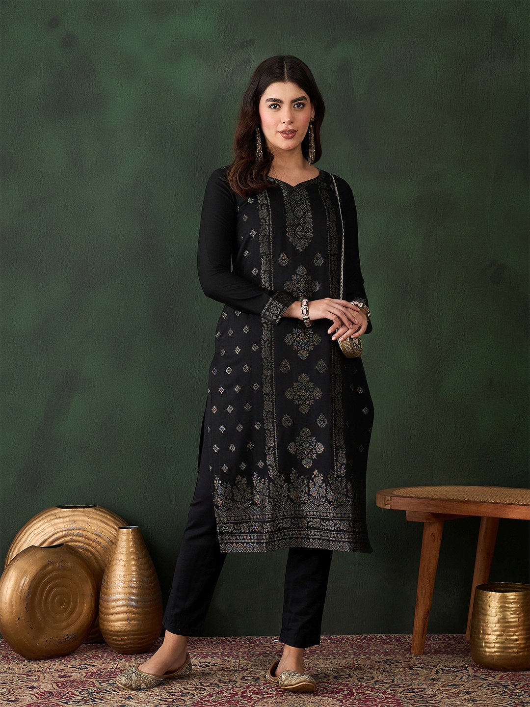 

Sangria Black Ethnic Motifs Woven Design Winter Pashmina Kurta With Trouser