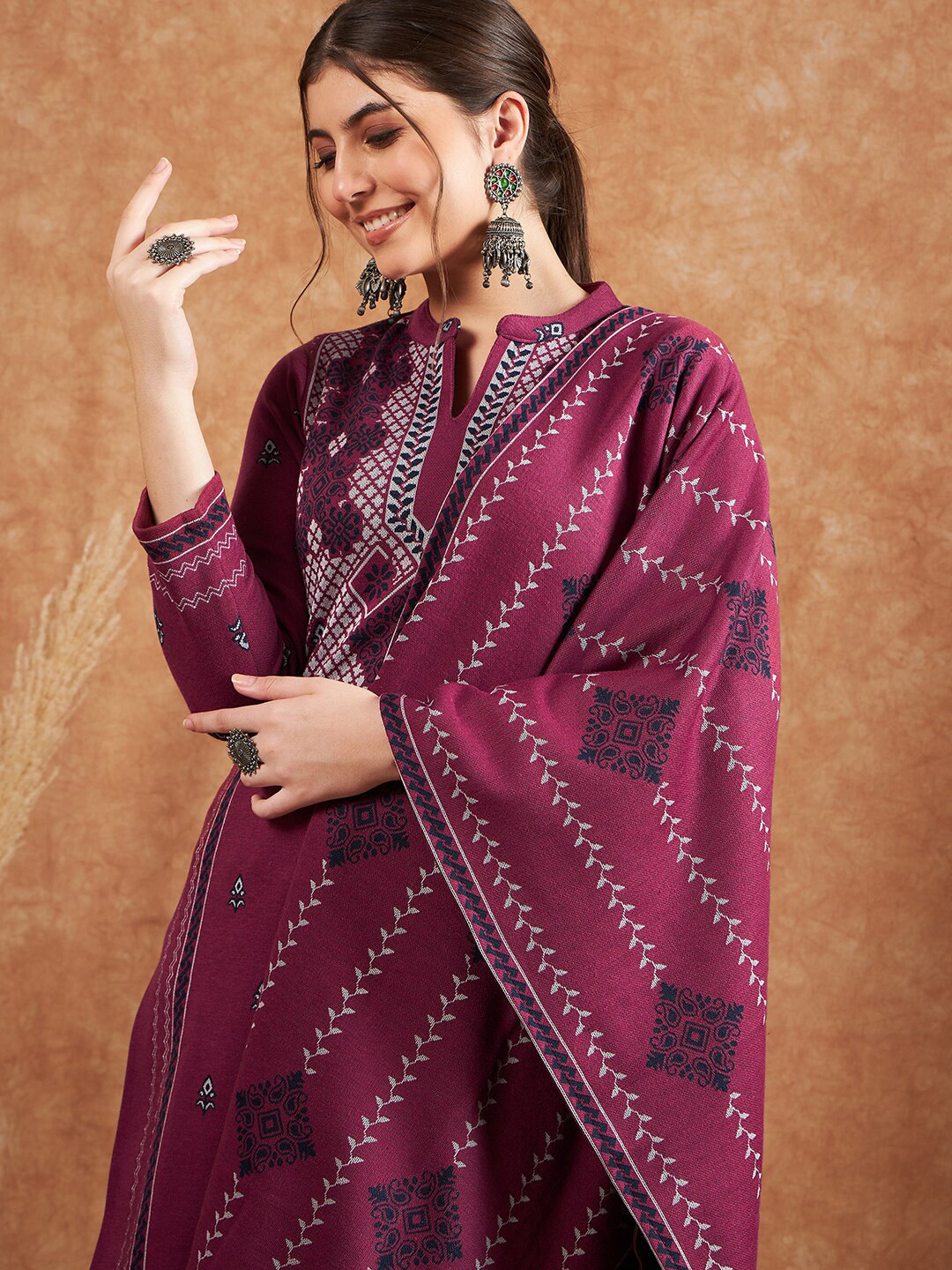 

Sangria Woven Design Mandarin Collar Winter Kurta & Trouser With Dupatta, Purple