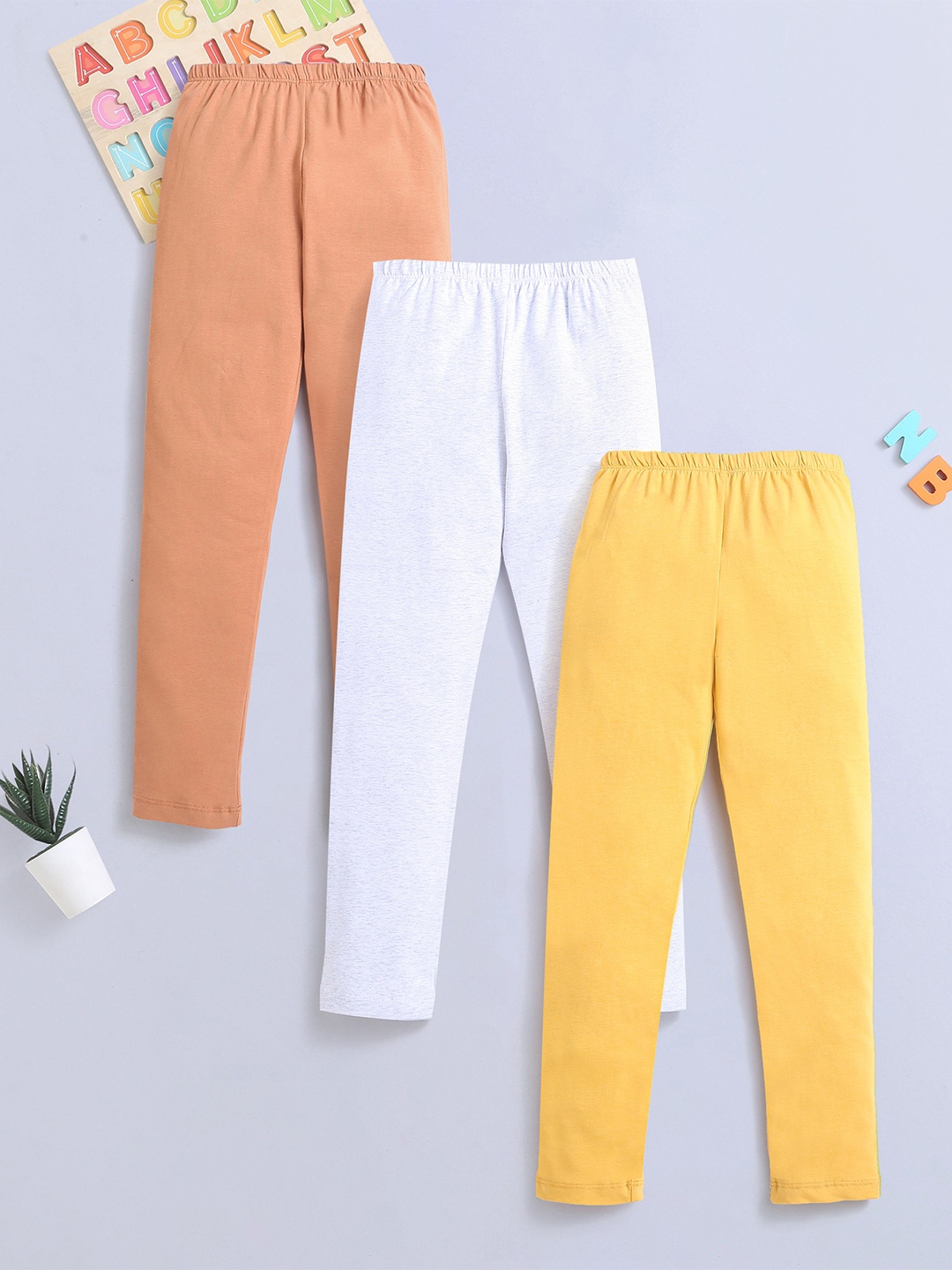 

Nino Bambino Girls Pack Of 3 Mid-Rise Pure Cotton Ankle-Length Leggings, Yellow