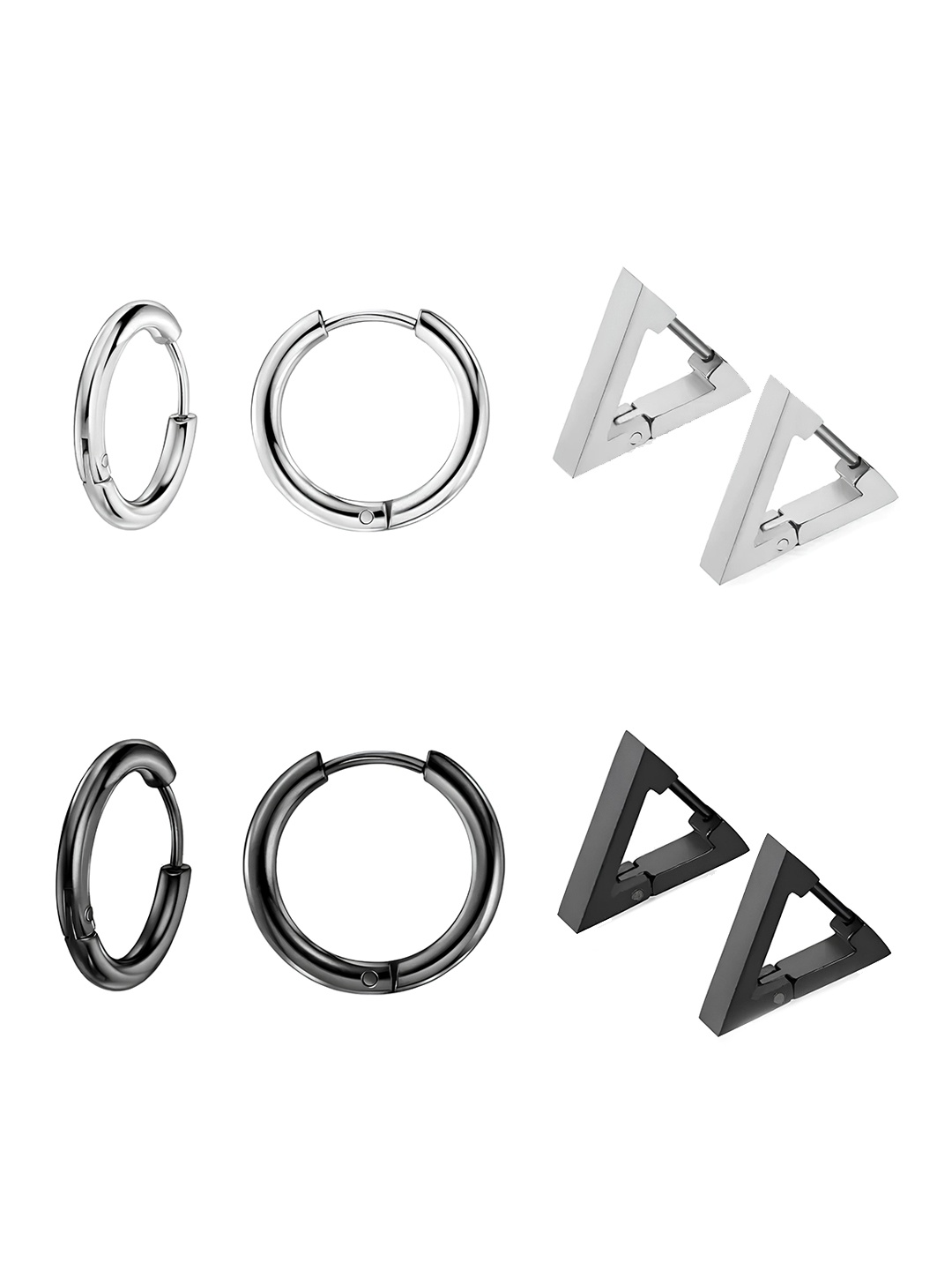 

KARISHMA KREATIONS Unisex Set Of 4 Stainless Steel Circular & Triangular Hoop Earrings, Silver