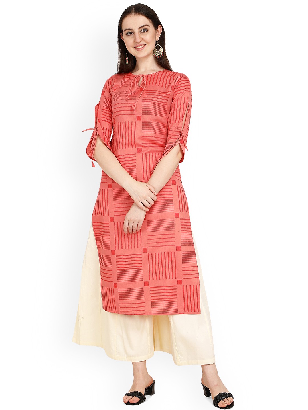 

RGHT Tie Up Neck Printed Regular Kurta, Pink