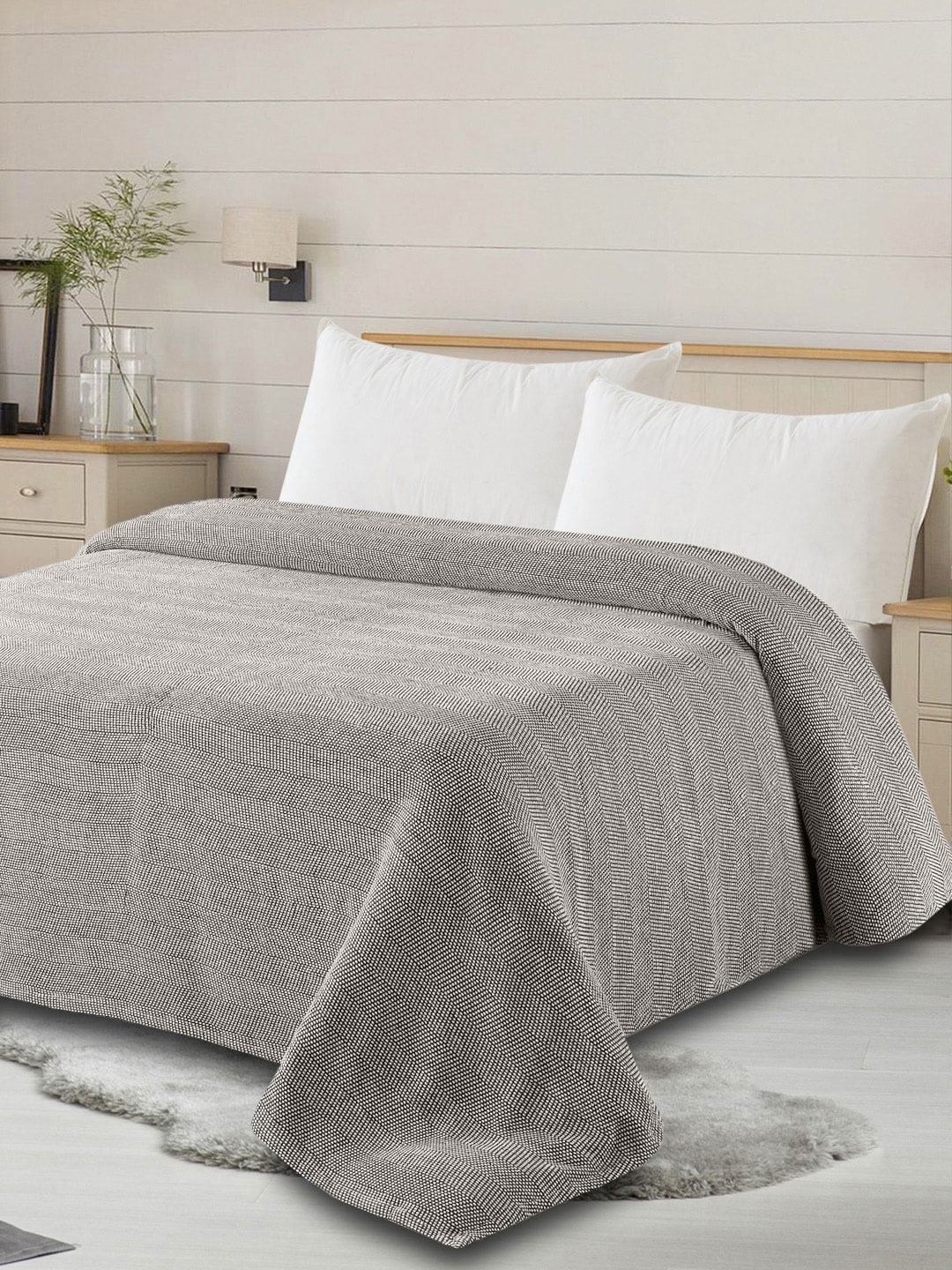 

AVI Living Grey & White Self Design AC Room 350 GSM Double Bed Blanket