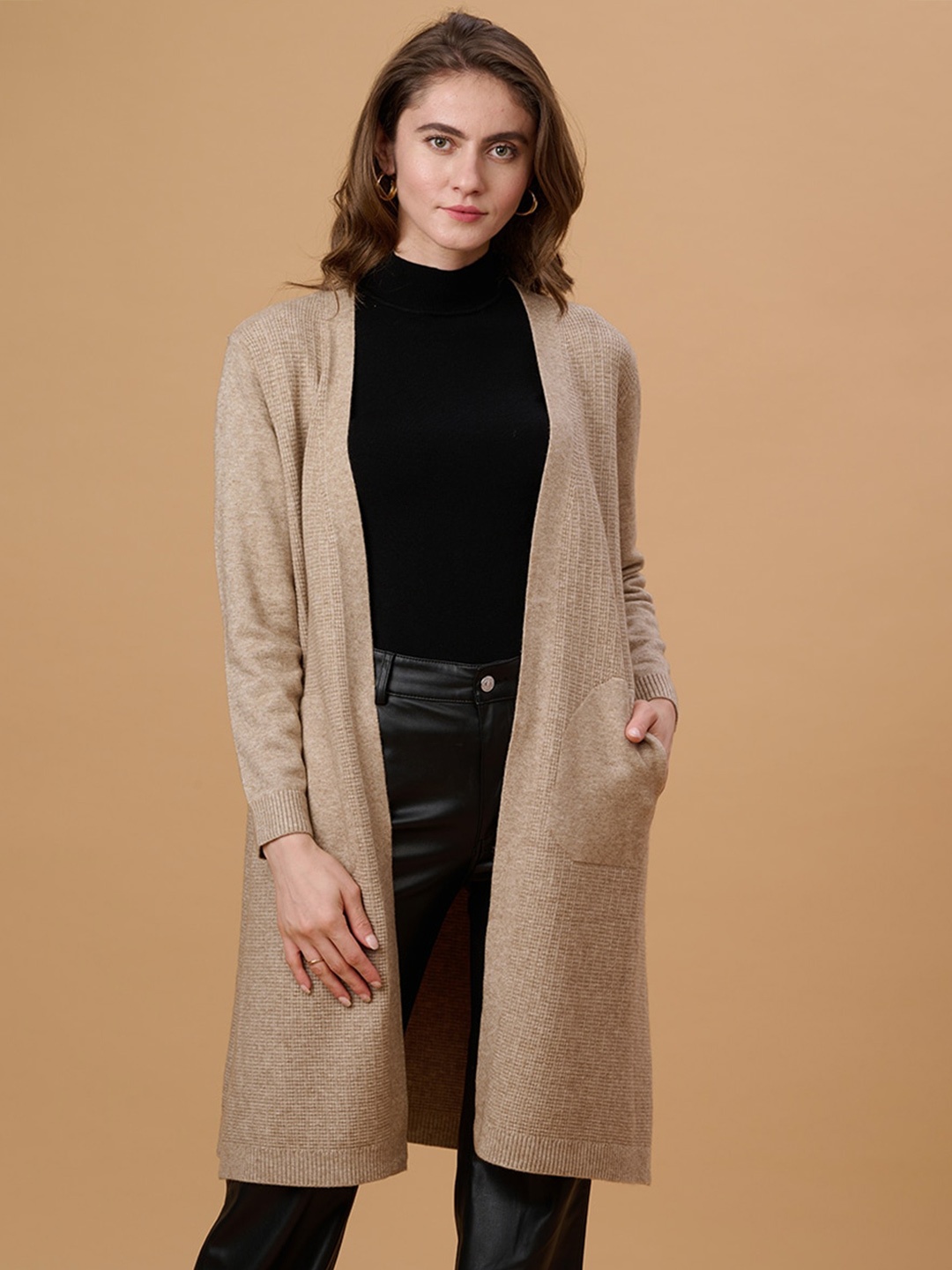 

Gipsy Longline Front-Open Acrylic Sweater, Beige