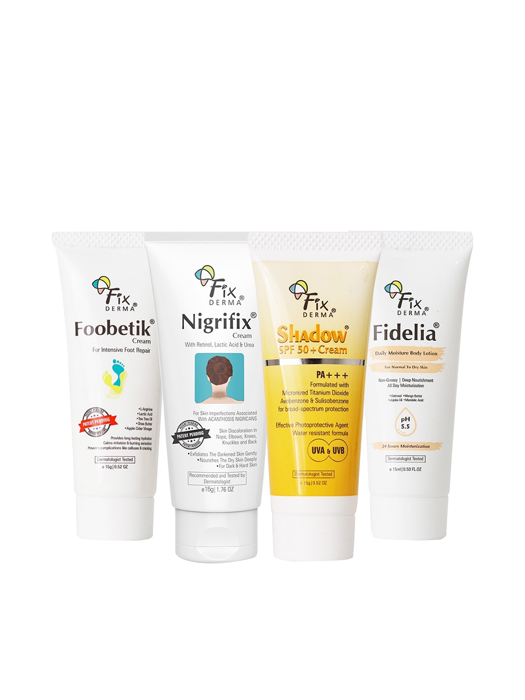 

FIXDERMA Set Of 4 Foobetik Cream-Nigrifix Cream-Shadow Cream 15g & Fidelia Lotion - 15ml, White