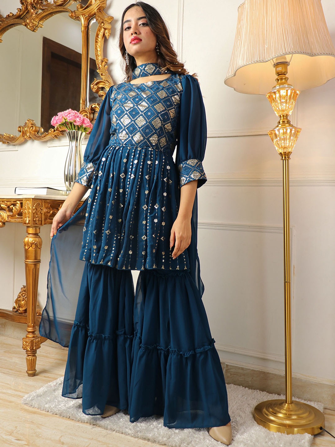 

KALINI Floral Embroidered Sequinned Kurti with Sharara & With Dupatta, Blue