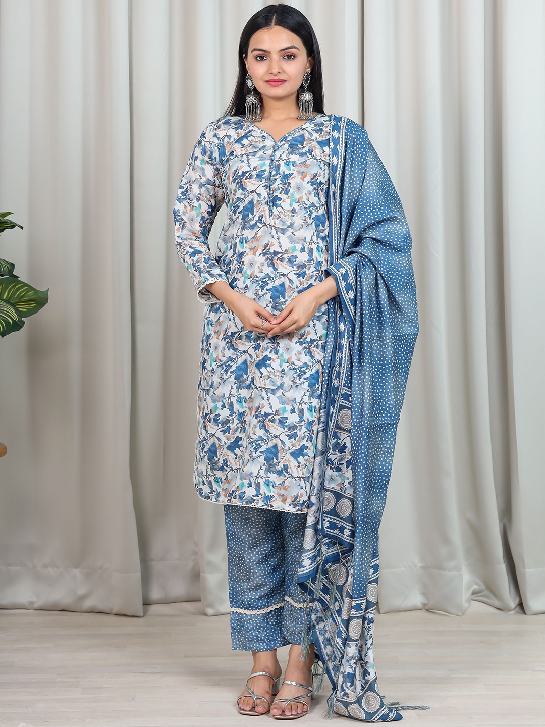 

KALINI Floral Printed Chanderi Cotton Kurta with Trousers & With Dupatta, Blue