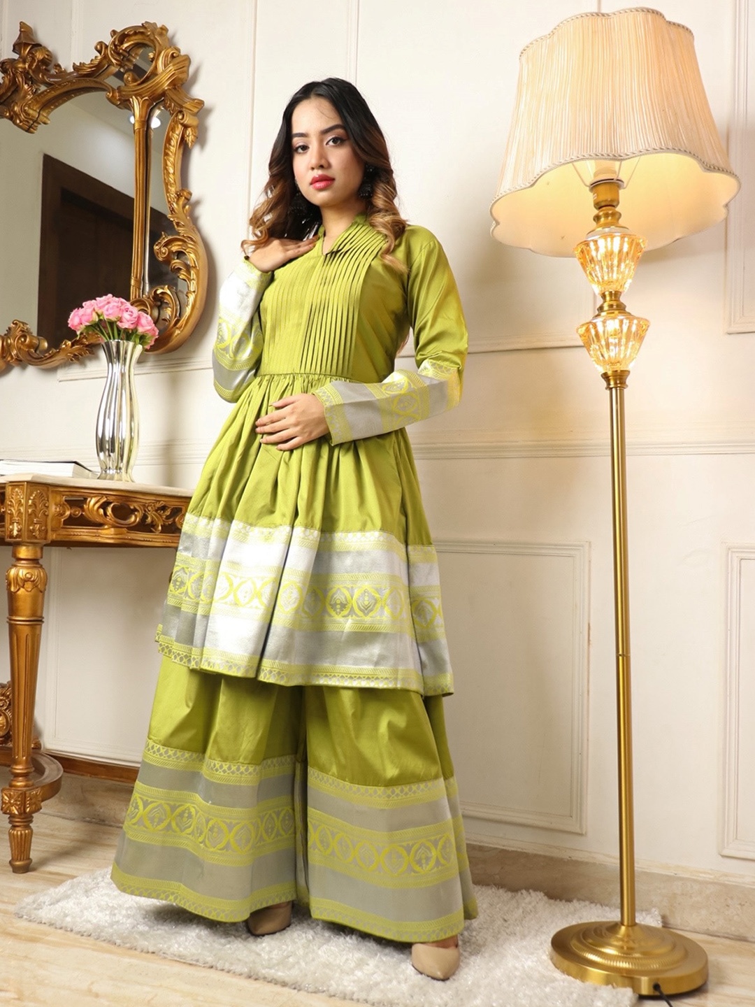 

KALINI Ethnic Motif Woven Design Regular Kurta With Sharara, Lime green