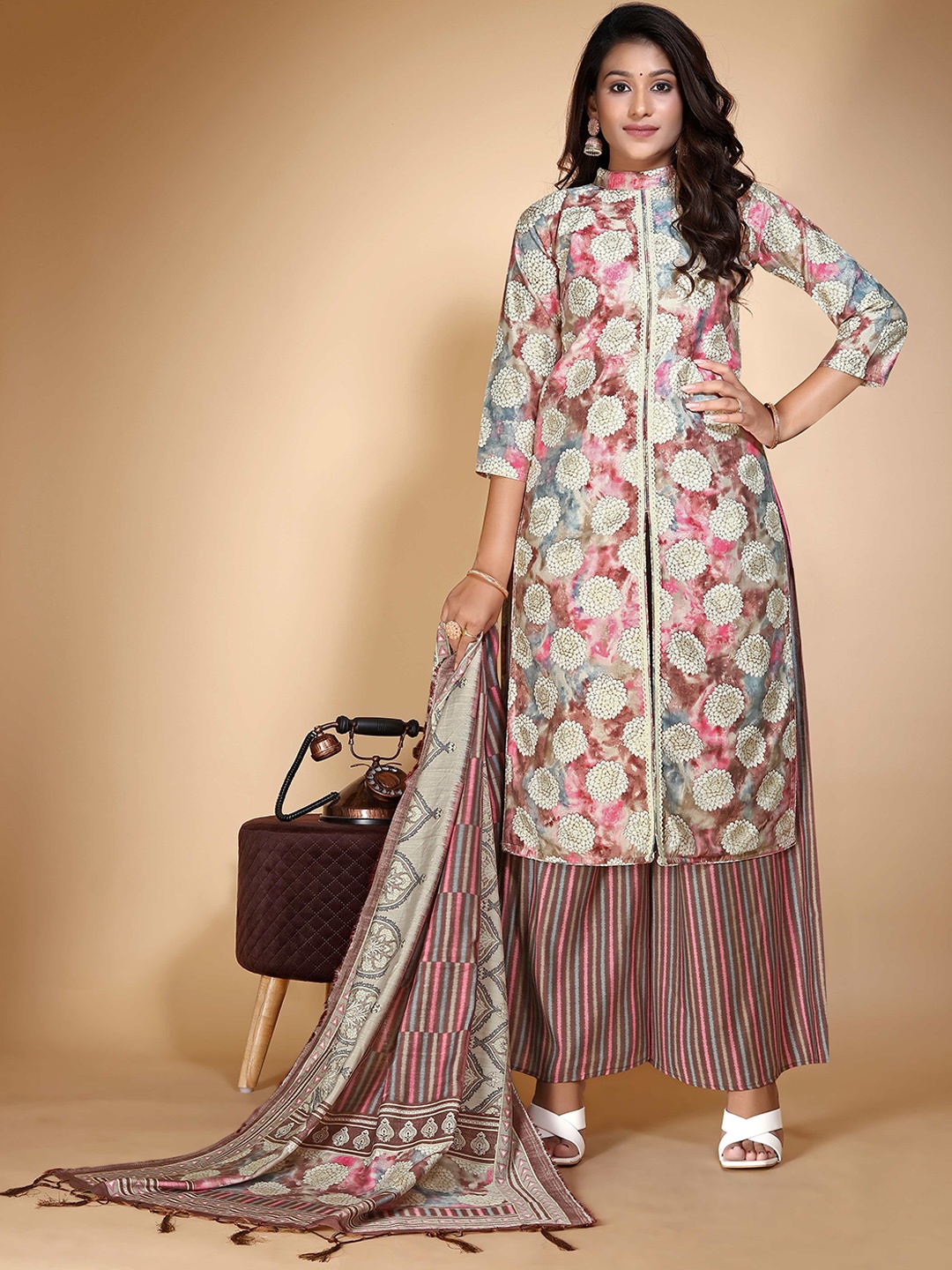 

KALINI Ethnic Motifs Printed Regular Chanderi Cotton Kurta With Palazzos & Dupatta, Purple