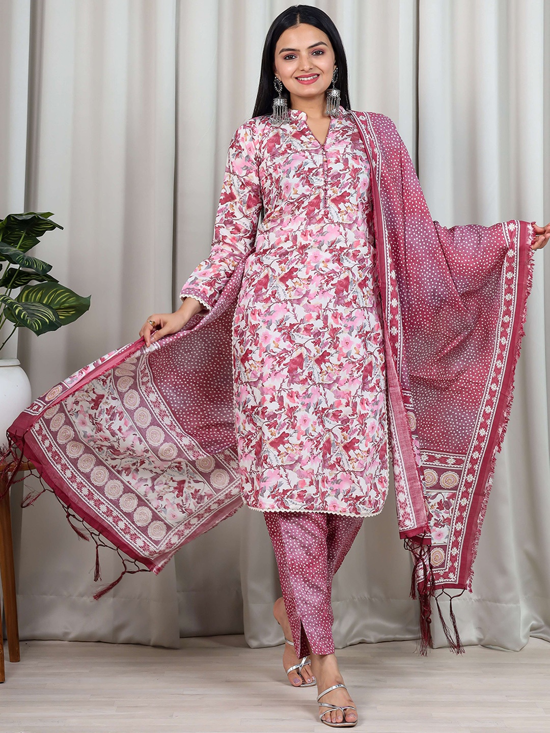 

KALINI Floral Printed Regular Chanderi Cotton Kurta With Trousers & Dupatta, Pink