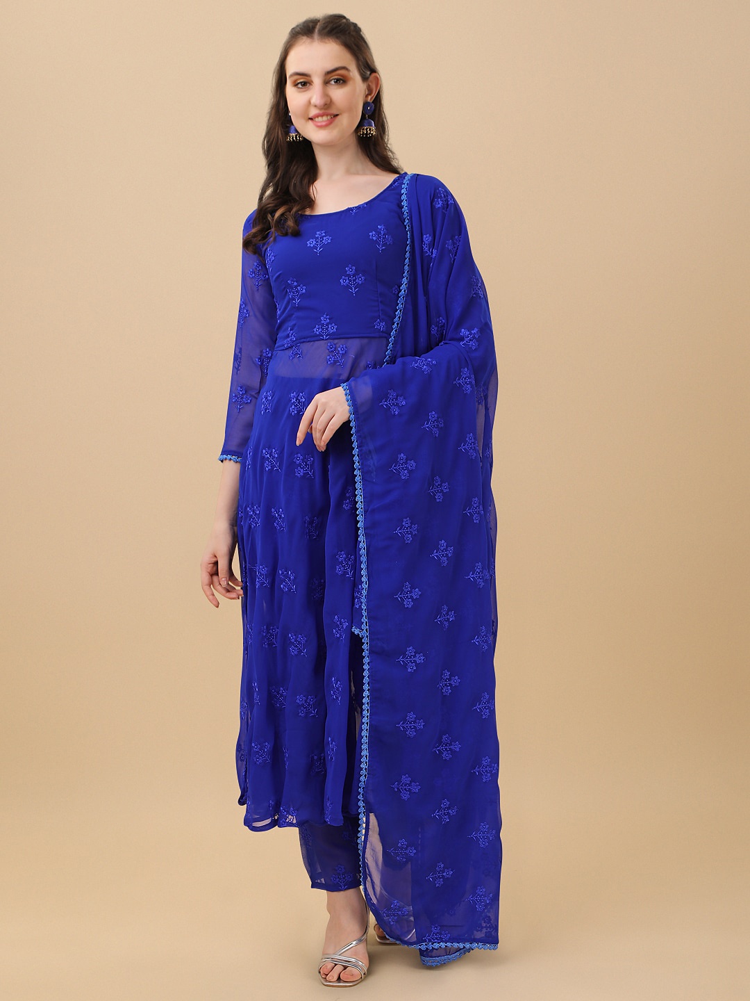 

KALINI Floral Embroidered Regular Kurta With Trousers & Dupatta, Blue