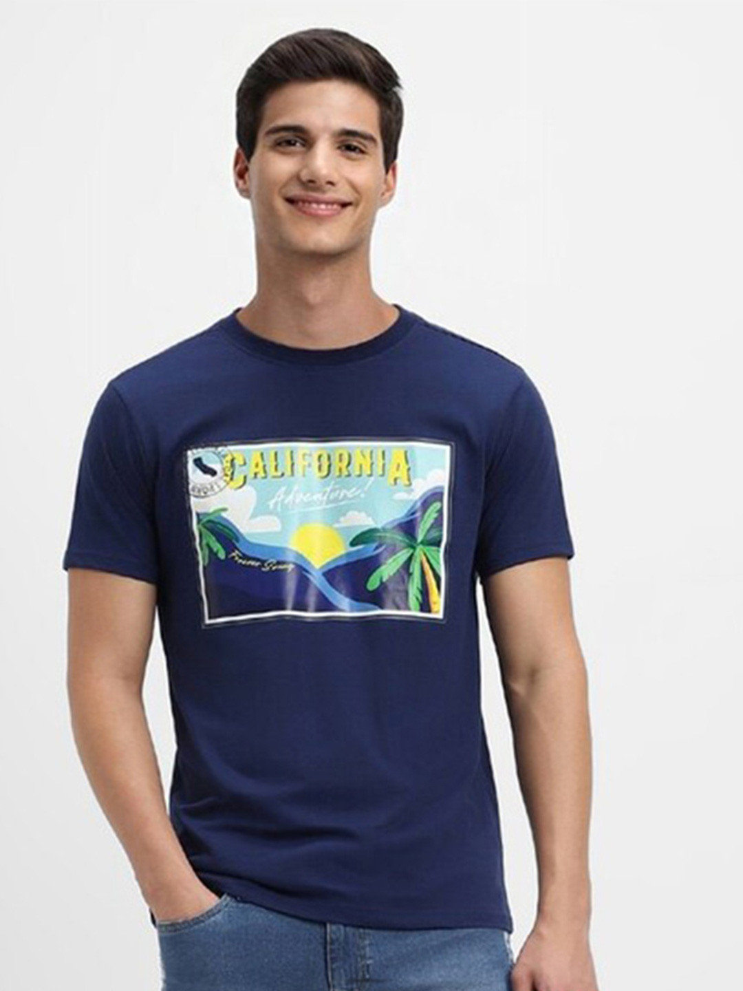 

FOREVER 21 Graphic Printed Round Neck T-shirt, Navy blue