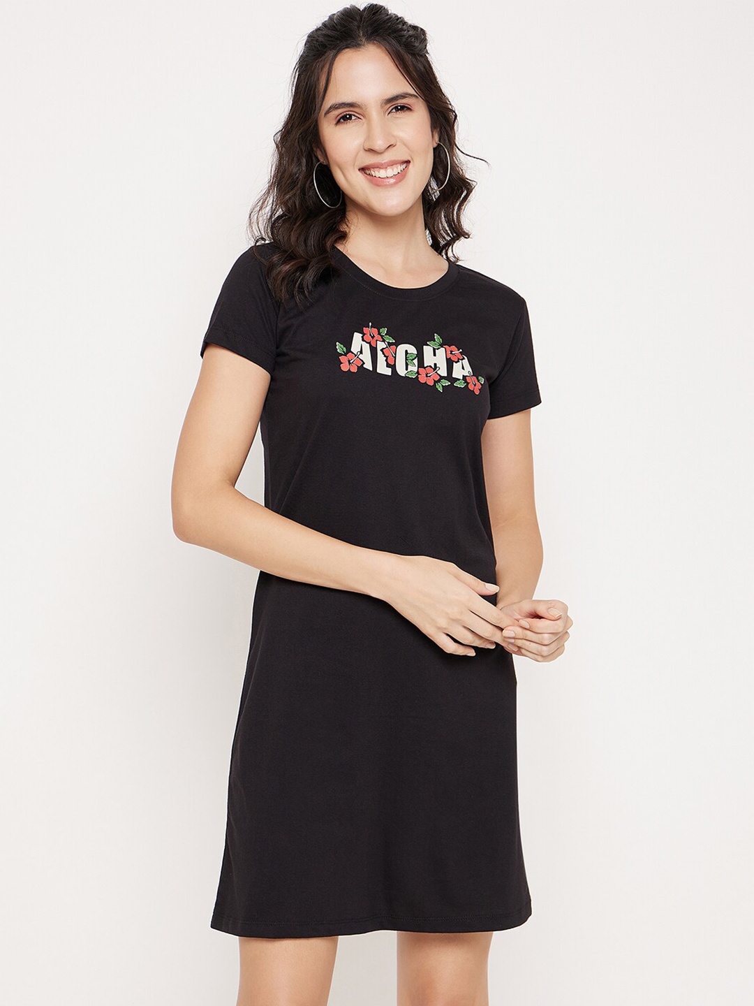 

Mast & Harbour Black Typography Printed Pure Cotton T-Shirt Dress