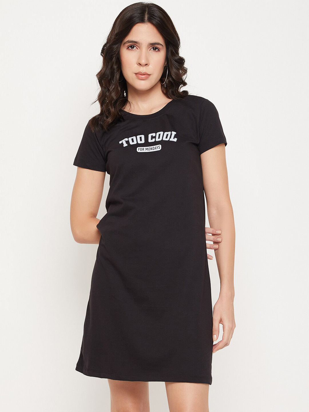 

Mast & Harbour Black Typography Printed Pure Cotton T-shirt Dress