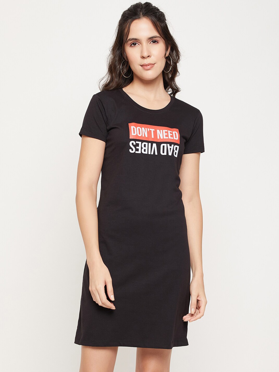 

Mast & Harbour Black Typography Printed Pure Cotton T-shirt Dress