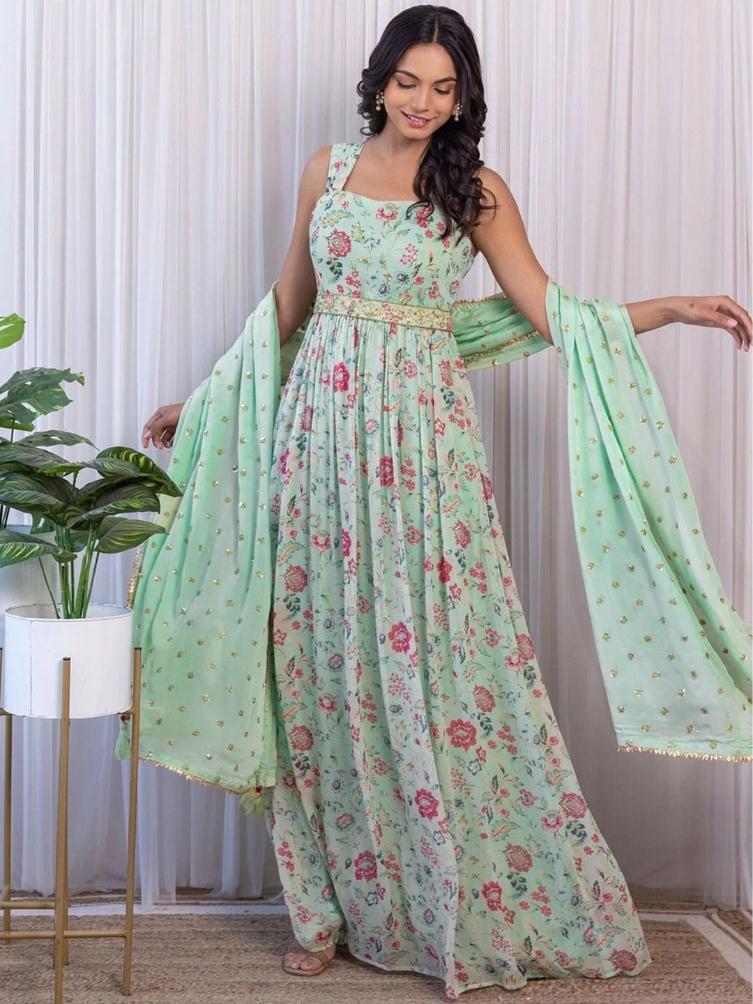 

BLACK SCISSOR Floral- Printed Shoulder Strap Maxi Ethnic Dress With Dupatta, Green