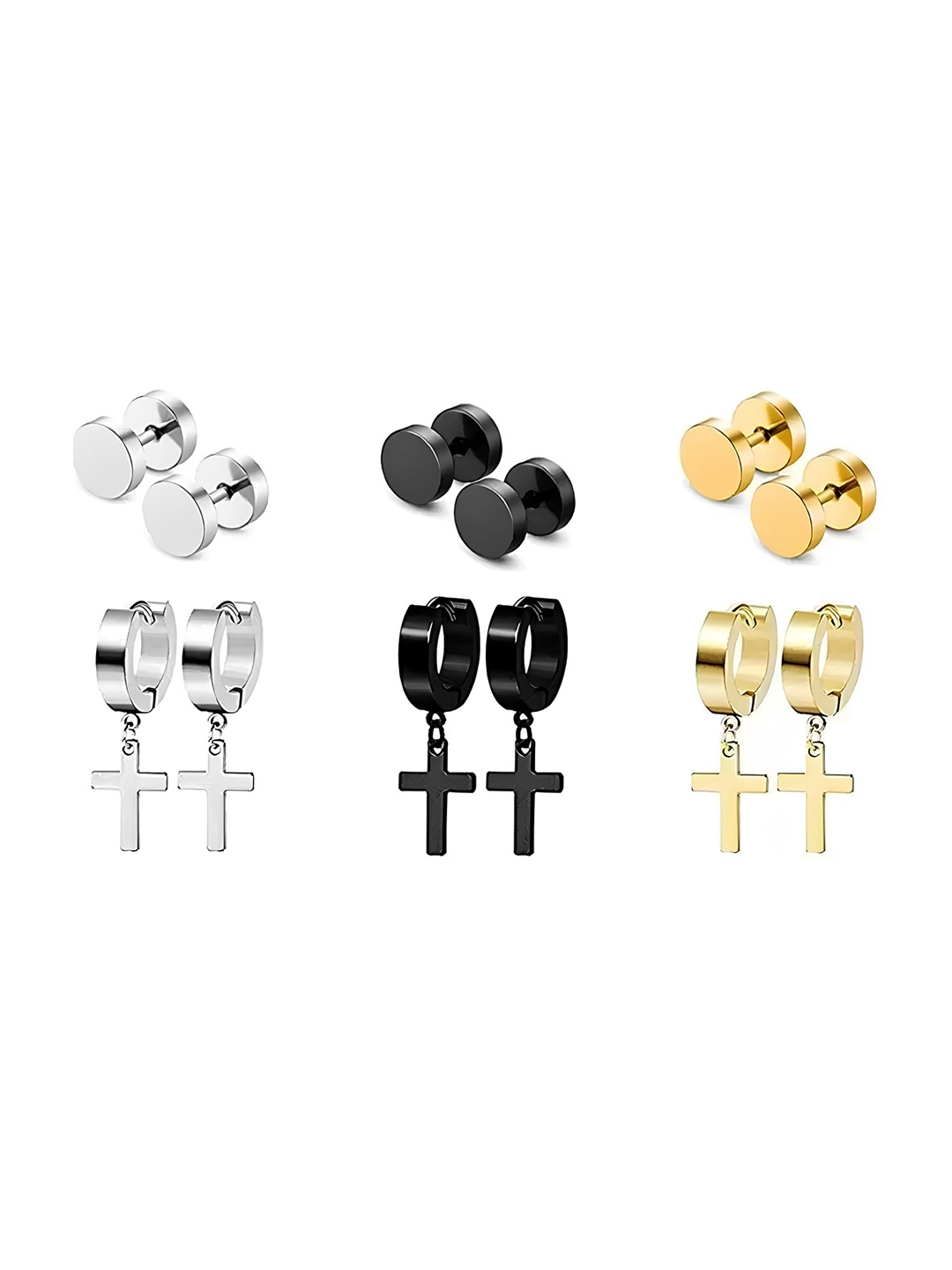 

KARISHMA KREATIONS Unisex Set Of 6 Stainless Steel Circular Shaped Studs & Hoop Earrings, Gold