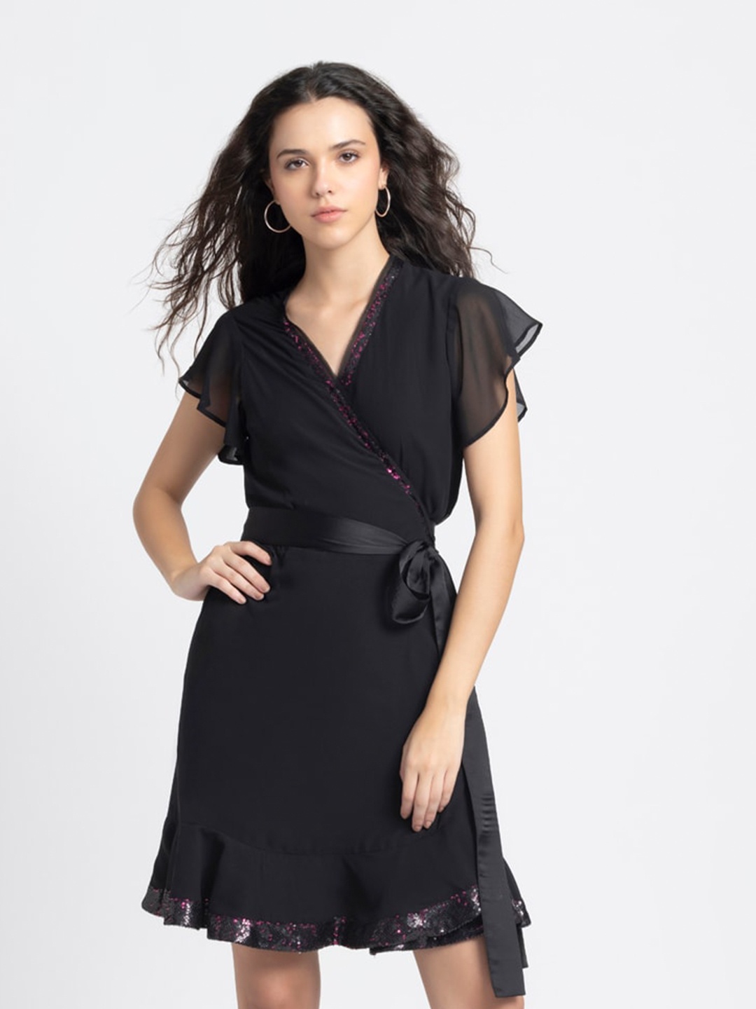 

SHAYE Flutter Sleeve Georgette Dress, Black